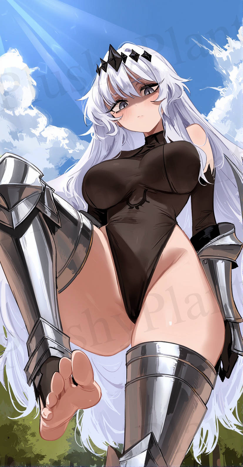 ai generated, armor, breasts, corset, crown, disdain, feet, female, foot fetish, looking at viewer, looking down, nephis (shadow slave), only female, plushyplant, shadow slave, silver eyes, silver hair, sky, sole female
