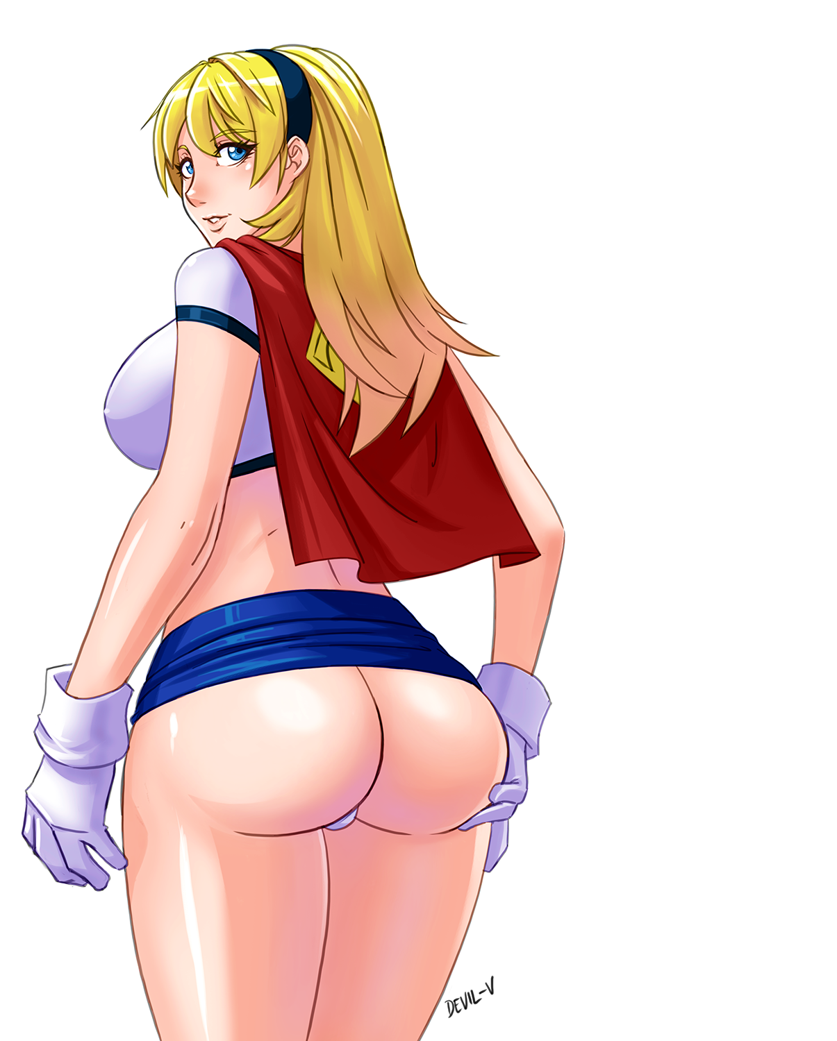 1girls, alien, alien girl, alien humanoid, alien only, ass, ass grab, bare ass, big breasts, blonde hair, blue eyes, breasts, bubble ass, cape, clothed, clothed breasts, clothed female, clothing, crop top, dc, dc comics, devil-v, eyelashes, eyelashes visible through hair, eyes, female, female only, fully clothed, gloves, groping, hair, hairband, hand on ass, headband, headgear, heroine, humanoid, humanoid only, light skin, light-skinned female, long hair, looking back, miniskirt, nose, panties, plain background, rear view, shiny skin, short cape, simple background, skirt, skirt up, solo, standing, straight hair, supergirl, superheroine, superman (series), teeth, underwear, watermark, white background, white gloves, white panties, white underwear, yellow hair