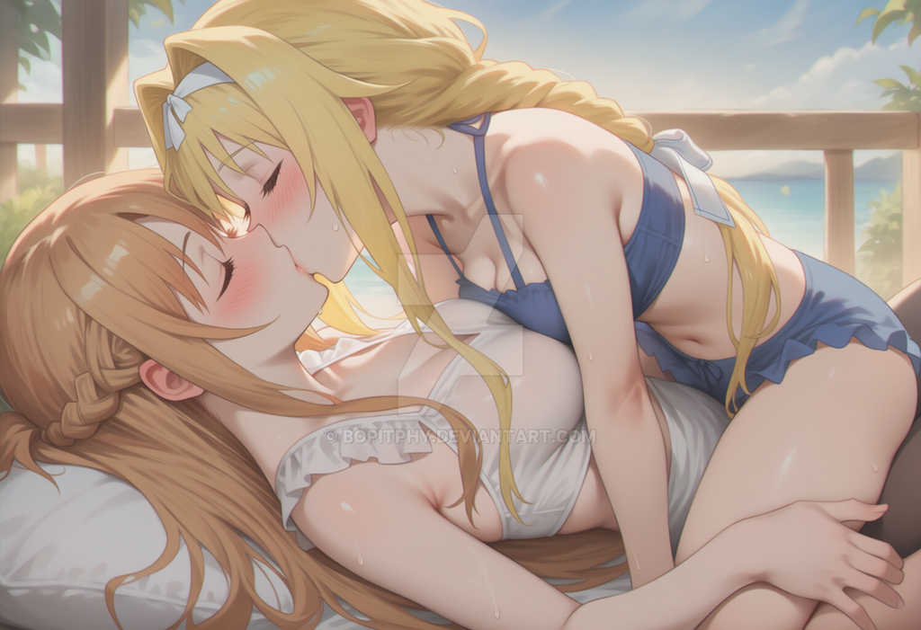 2girls, ai generated, alice zuberg, alternate costume, asuna (sao), asymmetrical docking, bare arms, bare legs, bare shoulders, beach, beach house, big breasts, blonde female, blonde hair, blush, bopitphy, breast press, breasts, brown hair, cleavage, closed eyes, collarbone, couple, day, duo, female only, female/female, friends, hair intakes, house, kissing, legs, light brown hair, long hair, love, medium breasts, multiple females, multiple girls, mutual yuri, neck, ocean, outdoors, romantic, romantic couple, straight hair, sword art online, sword art online: alicization, water, yuri, yuuki asuna