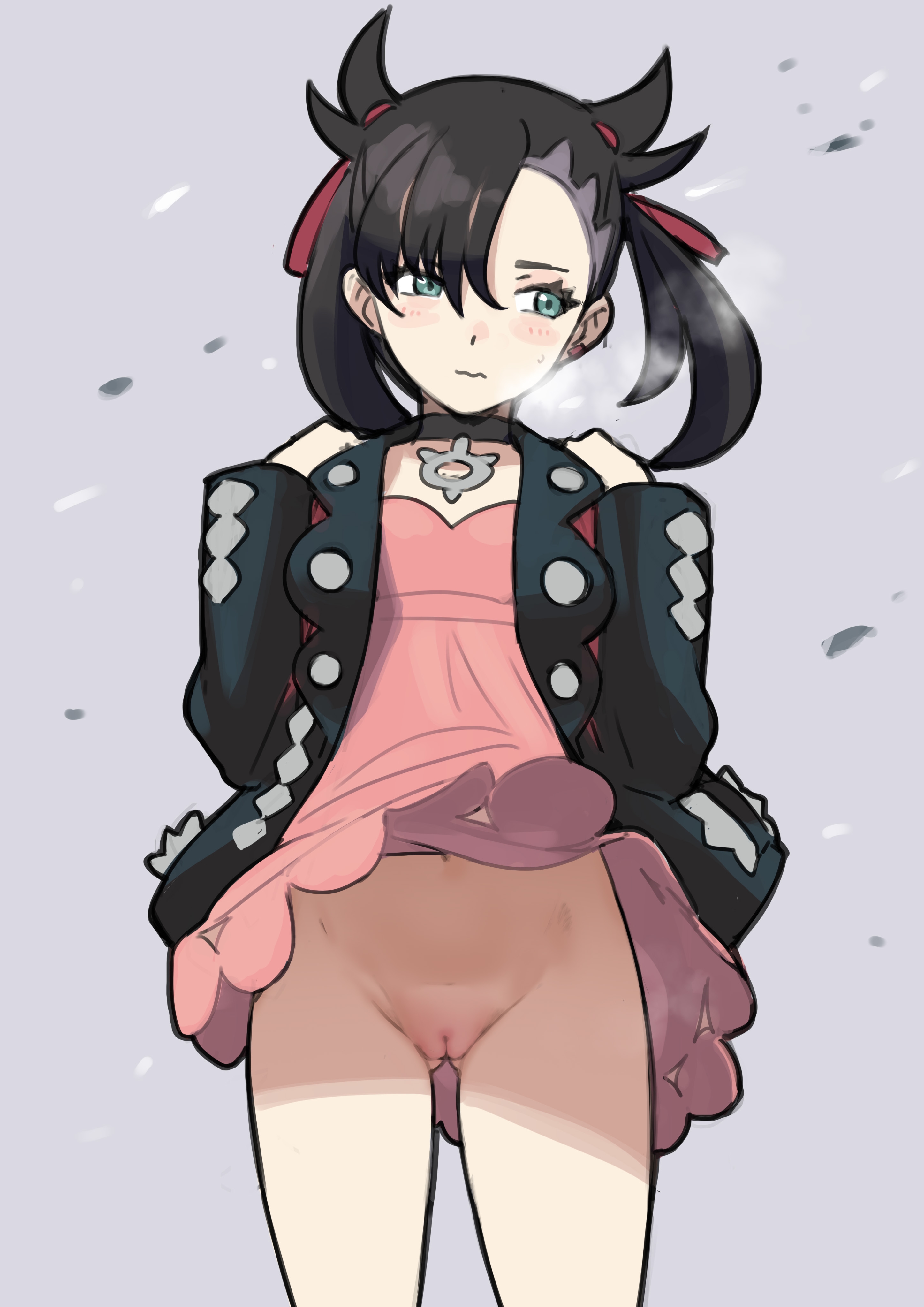 1girls, absurdres, alternate version available, black hair, black hair female, black jacket, blush, bottomless, bow, bow panties, choker, cowboy shot, dress, ear piercing, female focus, gluteal fold, green eyes, hair between eyes, hair ornament, hair ribbon, hands on own shoulders, highres, jacket, lace, lace trim, lace-trimmed panties, marnie (pokemon), midriff, navel, nintendo, no panties, ogre (illustogre), panties, pantyshot, piercing, pink dress, pokemon, pokemon ss, red ribbon, ribbon, sketch, solo, standing, thick thighs, thighs, underwear, white panties, wind, wind lift