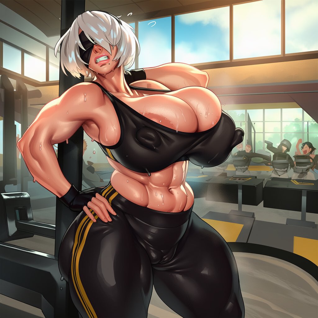 1girls, 2d, abs, ai generated, alternate breast size, alternate costume, areola, areolae, ass, big ass, big breasts, big butt, big nipples, big thighs, black blindfold, black gloves, black pants, black sports bra, blindfold, breasts, cameltoe, cleavage, clenched teeth, covered eyes, covered nipples, curvy, exercise, female, female only, fingerless gloves, gloves, gym, hand on own hip, huge breasts, large ass, large breasts, large butt, large nipples, large thighs, lips, massive breasts, midriff, mole under mouth, muscular, muscular female, navel, nier: automata, nipple bulge, nipples, nipples visible through clothing, onilapper, pants, puffy nipples, short hair, solo female, solo focus, sports bra, steam, steaming body, sweat, sweatdrop, teeth, thick ass, thick butt, thick thighs, thighs, undersized clothes, white hair, yoga pants, yorha 2b