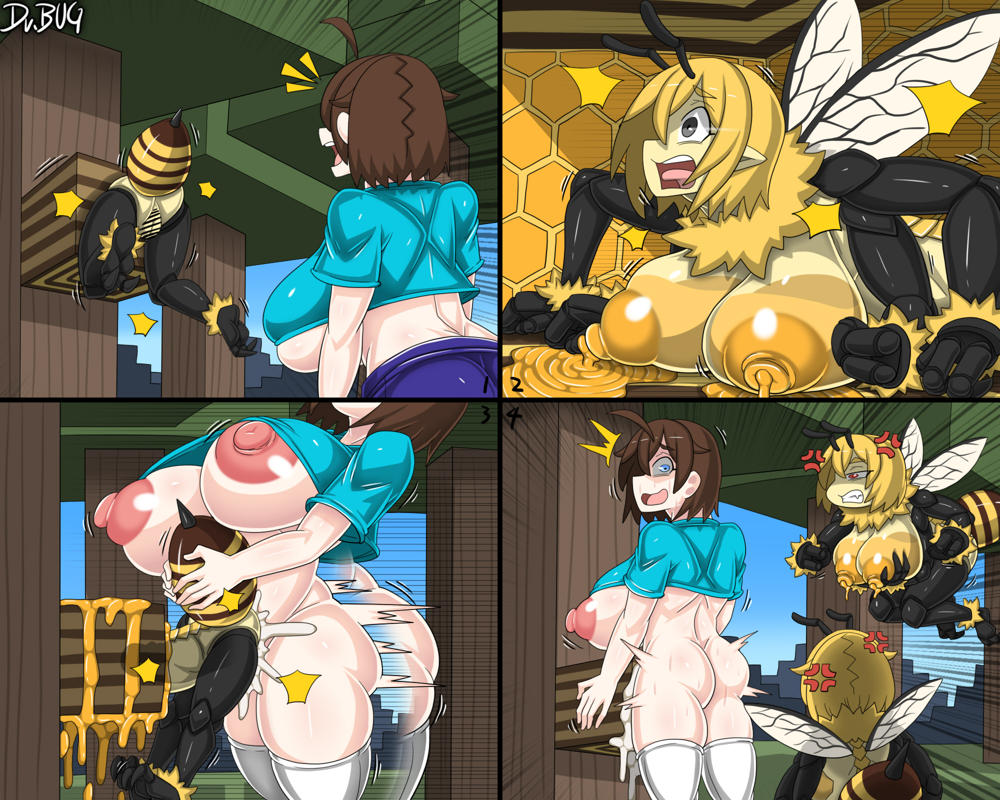 1futa, 3girls, bee, bee (minecraft), bee girl, dr.bug, female, futa on female, futanari, minecraft, monster girl, steve (minecraft), stuck