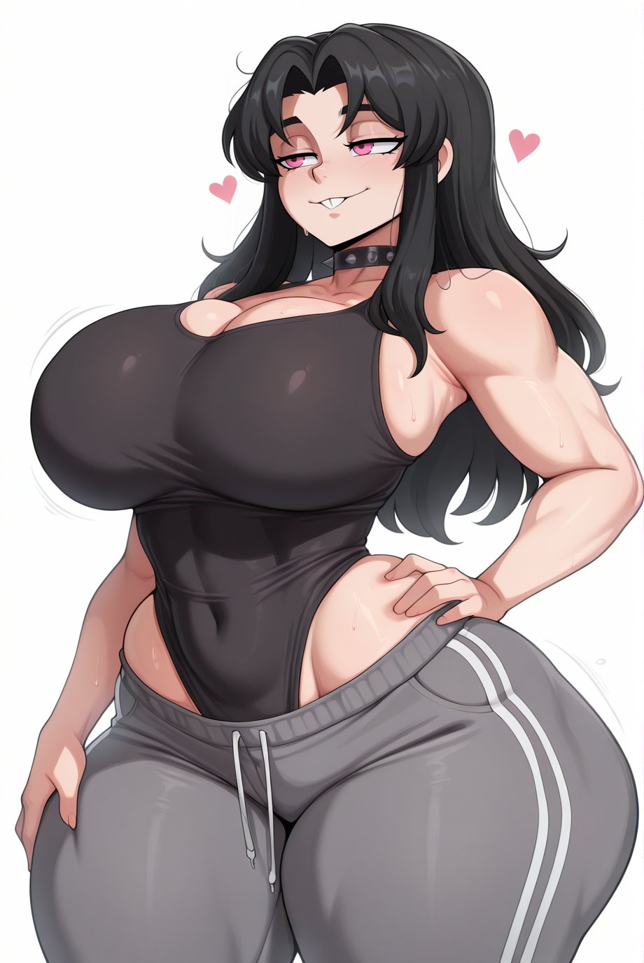 1girls, 2025, ai generated, big breasts, black hair, blush, child bearing hips, cleavage, collar, el memc, female, female only, goth, goth girl, gym clothes, gym uniform, hand on hip, horny, horny female, huge breasts, hyper breasts, imminent sex, katia (memch0), leotard, looking away, looking pleasured, memch0, muscular, muscular female, musk, musk clouds, oc, original, original character, pink eyes, rabbit teeth, sideboob, spiked collar, sweat, sweatdrop, sweating, sweaty, thick thighs, thunder thighs, tight clothing