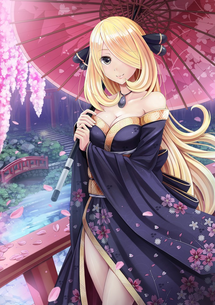 blonde hair, cynthia (pokemon), female, kimono, nintendo, pokemon