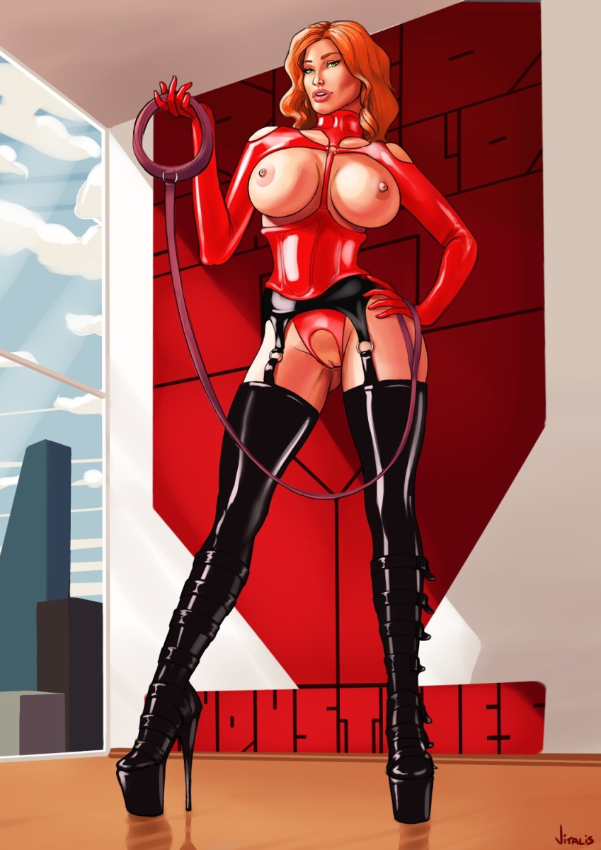 1girls, areola, boots, breasts, collar, corset, crotchless, curvy, dominatrix, elbow gloves, erect nipples, female, female only, garter belt, garter straps, gloves, hairless pussy, hand on hip, high heels, huge breasts, latex, leash, long hair, nipples, no bra, no panties, orange hair, platform heels, pussy, shaved pussy, shiny clothes, solo, standing, thigh boots, vitalis