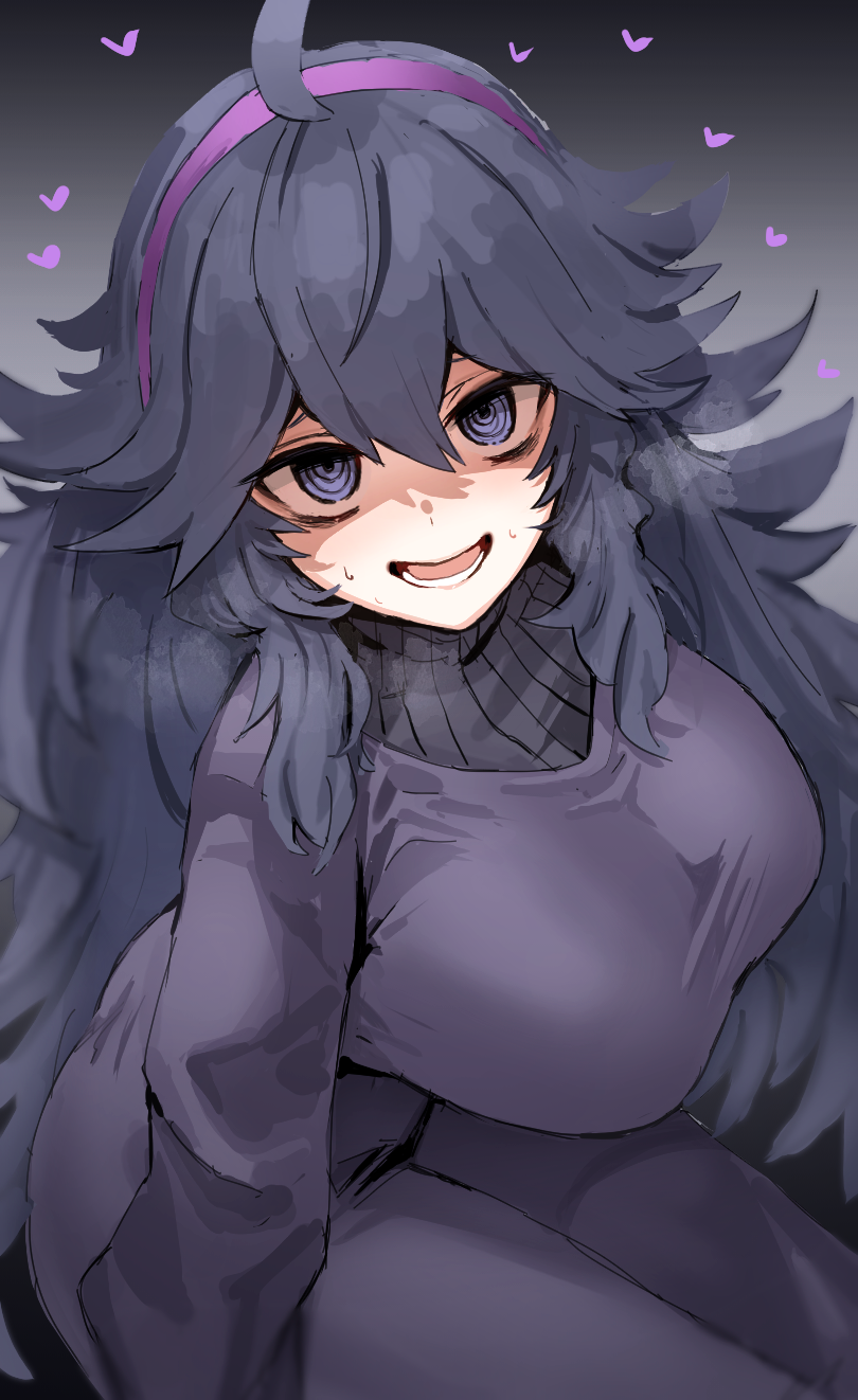 1girls, bags under eyes, big breasts, black hair, black sweater, breasts, dress, female, gradient background, hairband, heart, hex maniac, horn/wood, huge breasts, nervous smile, pokemon, purple dress, purple eyes, purple hairband, ribbed sweater, ringed eyes, shaded face, simple background, smile, solo, sweatdrop, sweater, taut clothes, taut dress