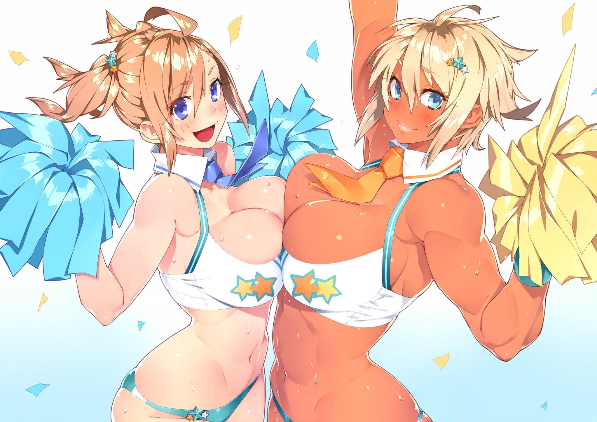 2girls, abs, blonde hair, blue eyes, blush, breast press, breasts, cheerleader, cleavage, dark skin, dark-skinned female, female, hair ornament, large breasts, muscular, muscular female, navel, open mouth, original, sela (sela god), sela god, short hair, smile, standing, sweat, symmetrical docking, tank top, tie, tied hair, twintails, ursula (sela god)