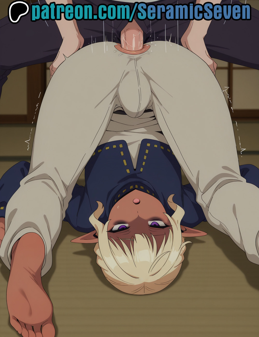 :o, 1femboy, 2boys, 2d, ai generated, anal, anal insertion, anal penetration, anal sex, anime, anime style, anus cutout, bulge, clothed, clothed sex, dark elf, dark elf male, dark skin, dark-skinned femboy, dark-skinned male, dark-skinned sub, dungeon meshi, elf, elf ears, elf femboy, elf male, feet, femboy, femboy penetrated, feminine male, foot, foot fetish, gay, gay sex, half-closed eyes, male, male only, male penetrating, male penetrating femboy, male/femboy, male/male, multiple boys, otoko no ko, parted lips, penis, piledriver (sex), piledriver position, pointy ears, purple eyes, seramic seven, short hair, soles, thistle (dungeon meshi), upside-down, yaoi