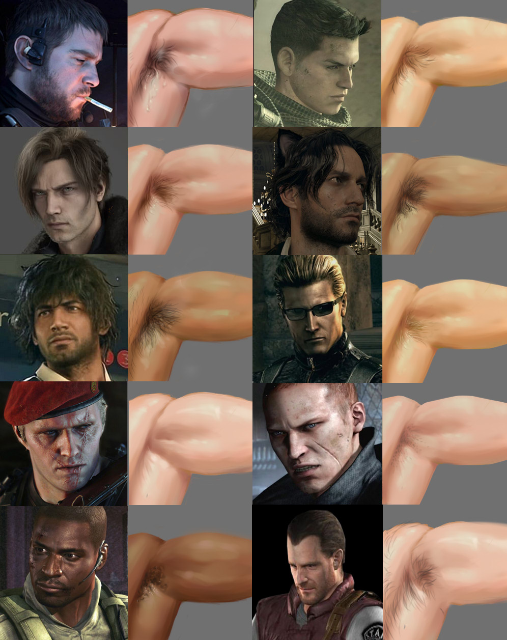 albert wesker, armpit hair, armpits, bara, barry burton, biceps, body hair, capcom, carlos oliveira, character sheet, chart, chris redfield, gay, hairy, hairy armpits, jack krauser, jake muller, josh stone, lemoni3, leon scott kennedy, luis sera, male, male only, multiple boys, multiple males, piers nivans, resident evil, shaved armpit, sweat, yaoi