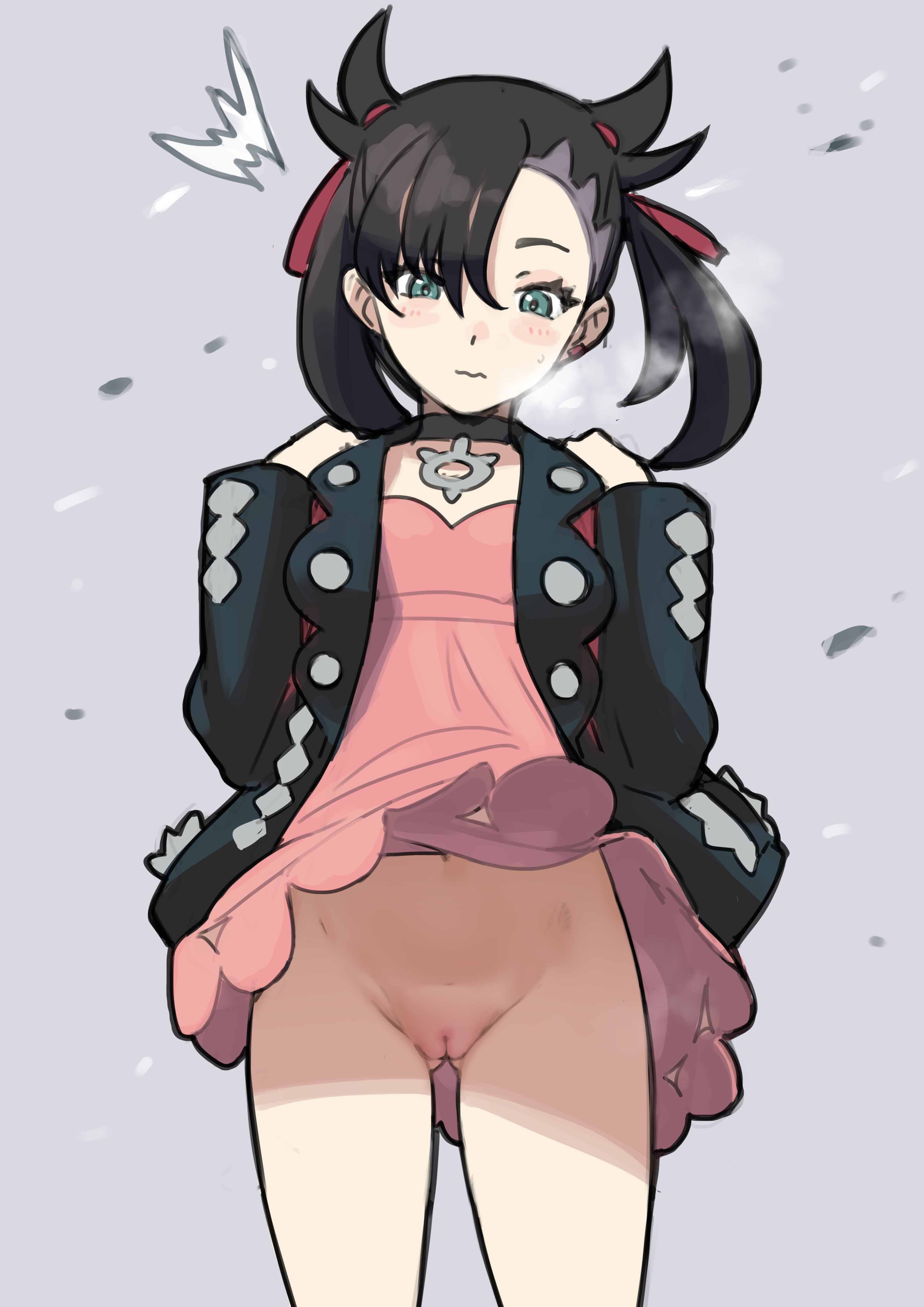 1girls, absurdres, alternate version available, black hair, black hair female, black jacket, blush, bow, bow panties, choker, cowboy shot, dress, ear piercing, female focus, gluteal fold, green eyes, hair between eyes, hair ornament, hair ribbon, hands on own shoulders, highres, jacket, lace, lace trim, lace-trimmed panties, marnie (pokemon), midriff, navel, nintendo, no panties, ogre (illustogre), panties, pantyshot, piercing, pink dress, pokemon, pokemon ss, red ribbon, ribbon, sketch, solo, standing, thick thighs, thighs, underwear, white panties, wind, wind lift