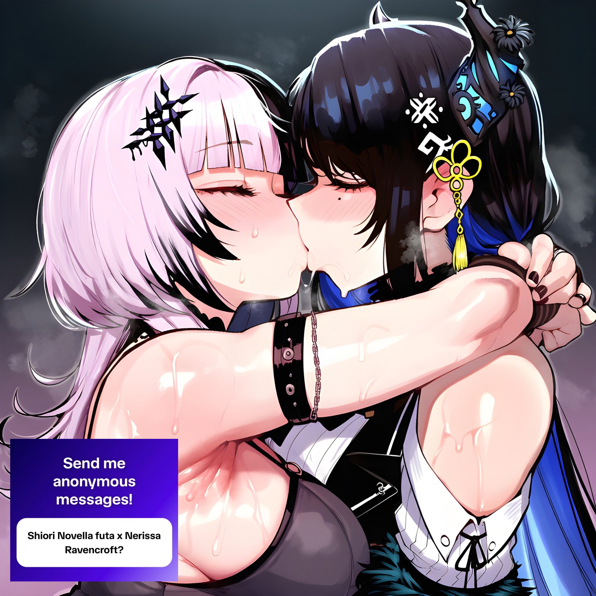 1futa, 1girls, ai, ai art, ai generated, armpits, arms behind head, bare shoulders, bicolored hair, big breasts, big horns, black hair, black nails, blush, closed eyes, clothed, clothed female, curvaceous, curvaceous body, curvaceous female, curvaceous figure, curves, curvy, curvy body, curvy female, curvy figure, duo, earrings, eyebrows, eyelashes, eyewear, female, female focus, futa on female, futanari, genlation, hair, hair ornament, hololive, hololive english, horns, hug, hugging, hugging while kissing, kissing, kissing while hugging, large breasts, light skin, light-skinned female, light-skinned futa, light-skinned futanari, mole, mole under eye, nails, necklace, nerissa ravencroft, peekaboo hair, shiori novella, short hair, simple background, solo female, steam, steaming, steaming body, steamy, steamy breath, straps, sweat, sweatdrop, sweating, sweaty, sweaty body, sweaty breasts, tongue kiss, uncensored, upper body, virtual youtuber, wet, white hair