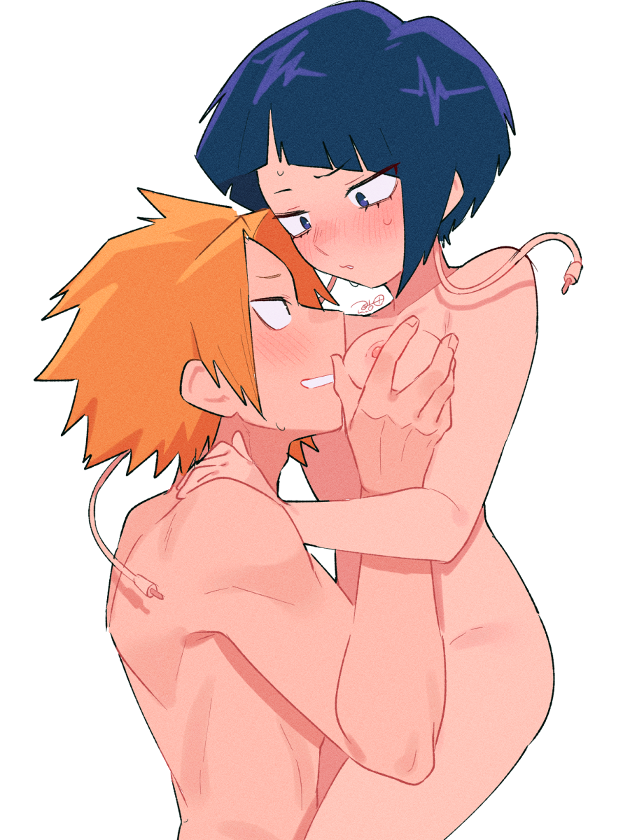 1boy, 1boy1girl, 1girls, artist signature, ayuta, blonde hair, blush, boku no hero academia, breast grab, breasts, color, completely nude, denki kaminari, eyebrows visible through hair, full-face blush, half-closed eyes, kyoka jiro, lighting, looking at another, my hero academia, nervous, nervous smile, nipples, purple eyes, purple hair, romantic, romantic couple, small breasts, smile, spiky hair, straight, sweatdrop, toned, toned male, white background, wholesome