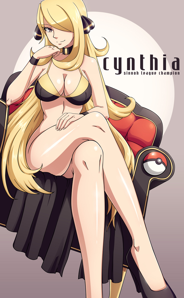 alternate breast size, big breasts, bikini, blonde hair, bottomless, breasts, cynthia (pokemon), dmy-gfx, female, female only, hair ornament, high heels, human, large breasts, long hair, looking at viewer, nintendo, npc trainer, pokemon, pokemon champion, sitting, solo, vivivoovoo