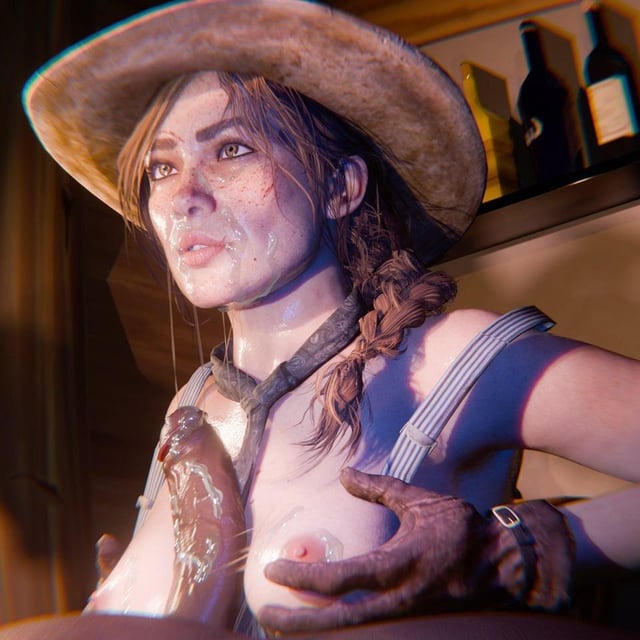 1girls, 3d, breasts, cum on face, dark skin, dark-skinned male, eye contact, female, freckles, interracial, jtopau, nipples, red dead redemption (series), red dead redemption 2, sadie adler, titjob