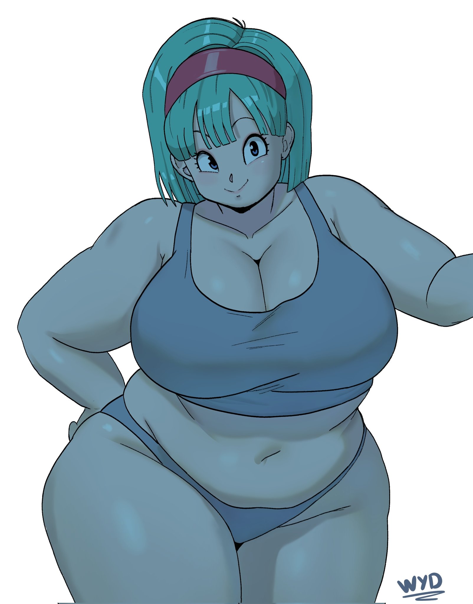 bbw, blue hair, bulma briefs, bulma briefs (frieza saga), chubby female, cleavage, crop top, dragon ball, dragon ball z, female, hairband, smile, tagme, underwear, what if, whatyoudeserved