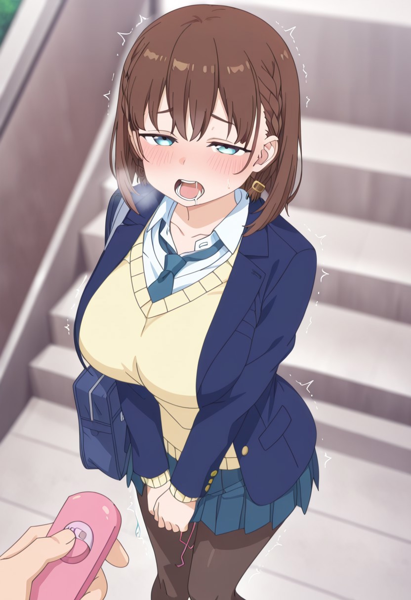 1boy, 1girls, accurate art style, ai generated, ai-chan (tawawa), anime style, bag, begging, begging to stop, big breasts, blackmail, blazer, blue eyes, blunt bangs, bob cut, brown hair, busty, clothing, covering, covering pussy, covering self, drooling, dubious consent, embarrassed, faceless male, female focus, fully clothed, getsuyoubi no tawawa, hair behind ear, half-closed eyes, holding object, huge breasts, knees together feet apart, legs together, looking at viewer, looking pleasured, male pov, moaning, necktie, object in pussy, object insertion, outdoors, pantyhose, petite, petite female, pleasure face, public, public exposure, public indecency, remote control, remote control vibrator, saliva, school bag, school uniform, schoolgirl, sex toy, sex toy in pussy, sex toy insertion, sex toy under clothing, shirt, short hair, skirt, small but busty, stairs, stalker, stimulation, stockings, street, teasing, teasing partner, teasing pussy, teen, teen with milf body, teenage girl, teenager, thighhighs, trembling, uncensored, vaginal stimulation, vest, vibrator, vibrator in pussy, vibrator under clothes, voluptuous, voluptuous female