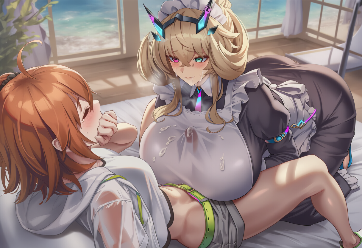 1futa, 1girls, ai generated, ass, barghest (gawain) (fate), barghest (swimsuit archer) (second ascension) (fate), big butt, blush, boobjob, breast grab, breasts, breasts bigger than head, closed eyes, clothed paizuri, covering own mouth, cum, cum on breasts, cum on clothing, cum through clothes, ejaculation, ejaculation between breasts, ejaculation under clothes, facial, fate (series), fate/grand order, female, fujimaru ritsuka (female), futa on female, futa/female, futanari, grabbing own breasts, hand over own mouth, huge breasts, knees up, large ass, looking at partner, maid, maid uniform, medium breasts, nervous, nervous smile, nokani, paizuri, paizuri lead by female, paizuri under clothes, penis, see-through clothing, self upload, spread legs, tearing up, titjob