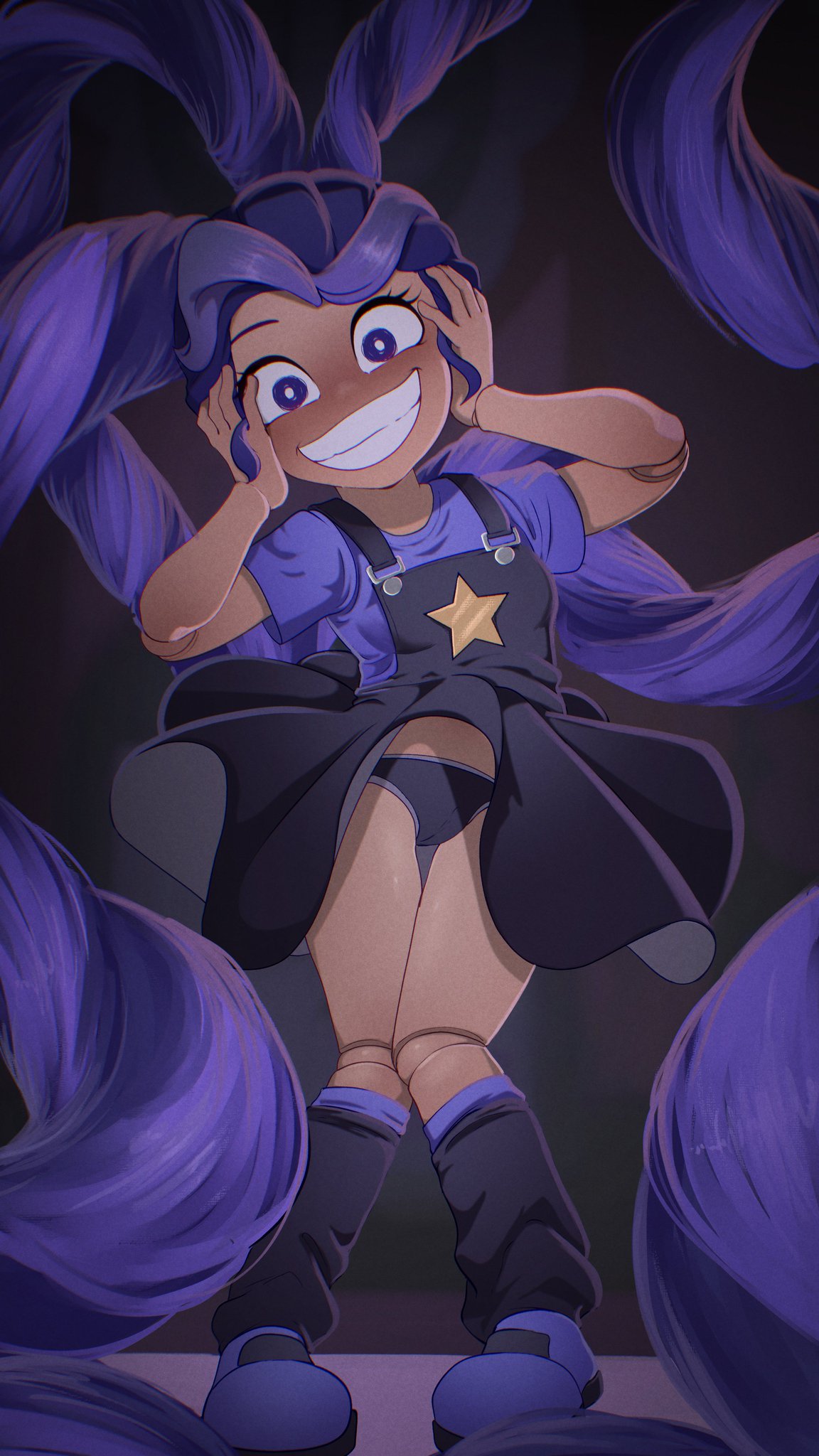 1female, 1girls, 2026, 2026s, 2d, 2d (artwork), 2d artwork, black eyes, black overalls, black panties, black skirt, black socks, black underwear, blush, blush lines, blushing at viewer, breasts, clothed, clothed female, clothing, comic, crazy smile, digital art, digital drawing, digital drawing (artwork), digital media, digital media (artwork), digital painting, digital painting (artwork), doll, doll girl, doll joints, eyebrows, eyelashes, female, footwear, goth reaper, hair, hands on face, inanimate animate, legs together, lily lovebraids, living toy, long hair, mary janes, mascot horror, mob entertainment, mob games, overall skirt, overalls, panties, ponytail, ponytail (hair), ponytail female, poppy playtime, poppy playtime (chapter 5), prehensile hair, pupils, purple clothing, purple eyes, purple footwear, purple hair, purple shirt, purple shoes, shiny hair, shirt, shoes, short sleeves, skirt, smile, smiling, smiling at viewer, socks, solo, solo female, solo focus, standing, star, star (symbol), star print, teeth, underwear, vibrant hair, video games, white pupils, yellow star