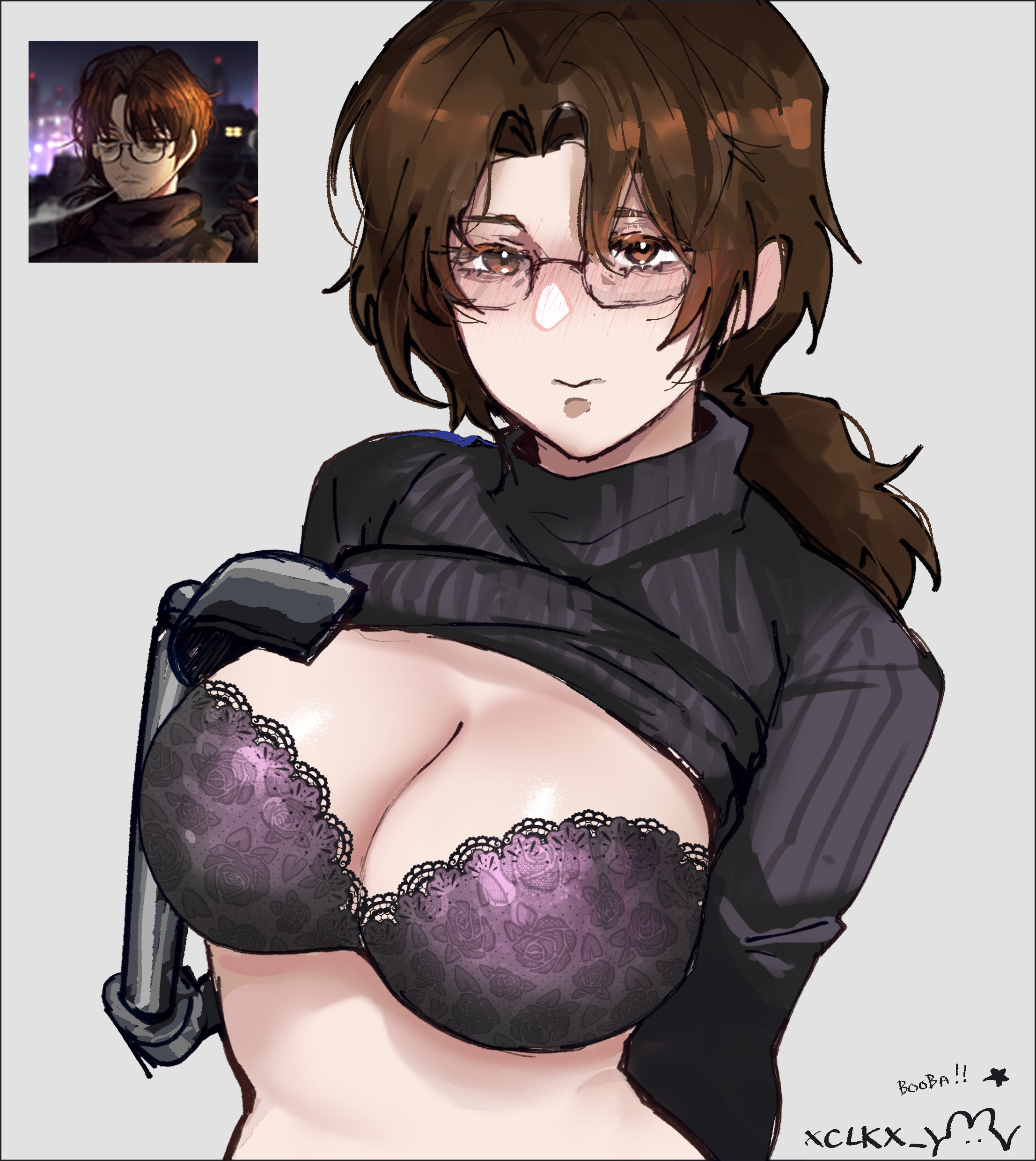 black glasses, blush, blushing at viewer, blushing female, bra, brown eyes, brown hair, cleavage, color, colored, female, female only, genderbent, glasses, gregor (limbus company), lace bra, limbus company, metal arm, no sex, no visible genitalia, pale skin, pale-skinned female, ponytail, project moon, redraw, rule 63, screenshot, signature, signature artist name, sole female, sweater, sweater lift, xclkx 
