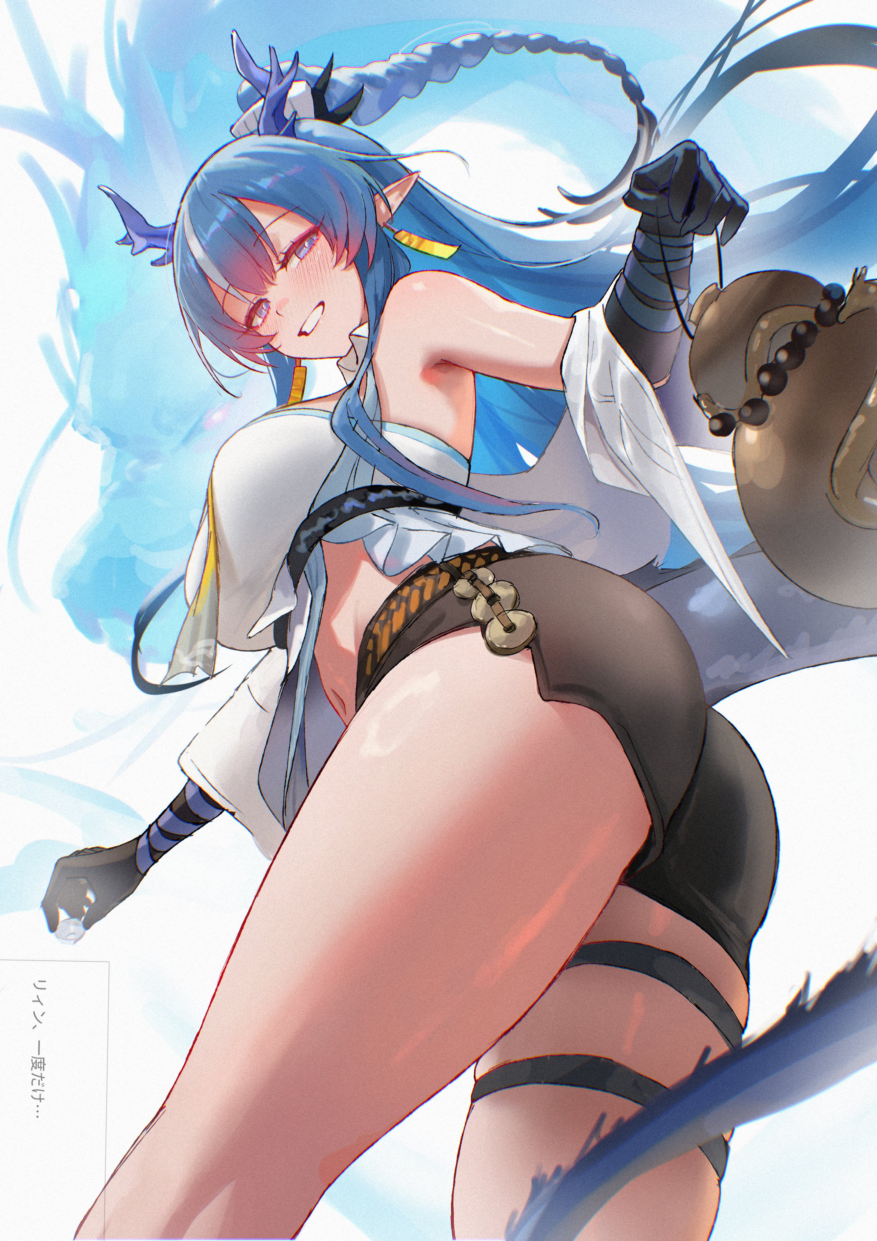 absurdres, arknights, ass, black shorts, blue eyes, blue hair, blush, breasts, clenched teeth, dragon girl, dragon horns, dragon tail, earrings, female, from below, gourd, grin, highres, holding, holding gourd, horns, jewelry, large breasts, ling (arknights), long hair, looking at viewer, navel, necktie, pointy ears, shorts, solo, tail, tassel, tassel earrings, teeth, thighs, uof, white background, yellow necktie