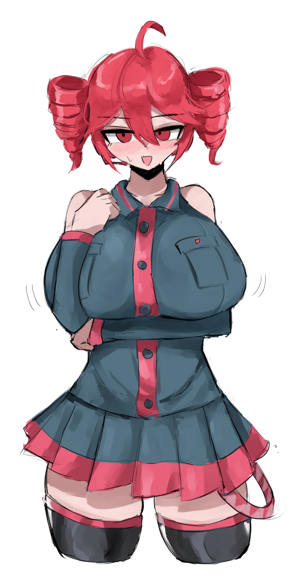 1girls, 2026, bare shoulders, big breasts, breasts, clothed, clothing, color, colored, digital media (artwork), doubleuww1, female, female only, hair, hi res, huge breasts, kasane teto, large breasts, light skin, light-skinned female, long hair, looking at viewer, mouth open, shirt, simple background, skirt, solo, sweat, sweatdrop, thick thighs, thighs, utau, white background, www1 (artist)