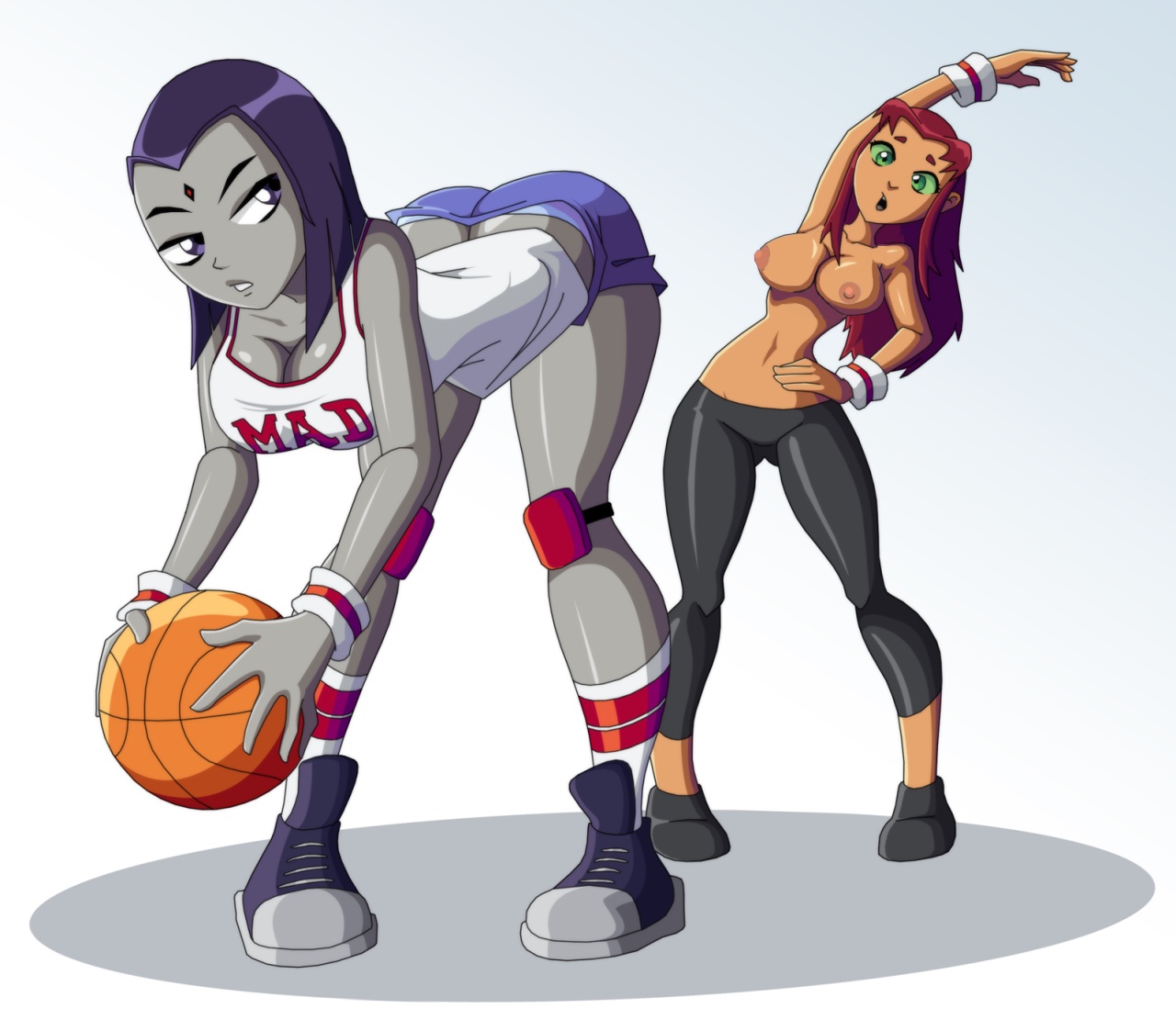 alternate breast size, areola, ass, ass cleavage, ass crack, ass visible through thighs, basketball, big breasts, breasts, butt crack, cleavage, dc, dc comics, edit, female, female only, forehead jewel, large breasts, multiple females, multiple girls, nipples, raven (dc), ravenravenraven, starfire, tagme, teen titans, text, white background, yoga pants