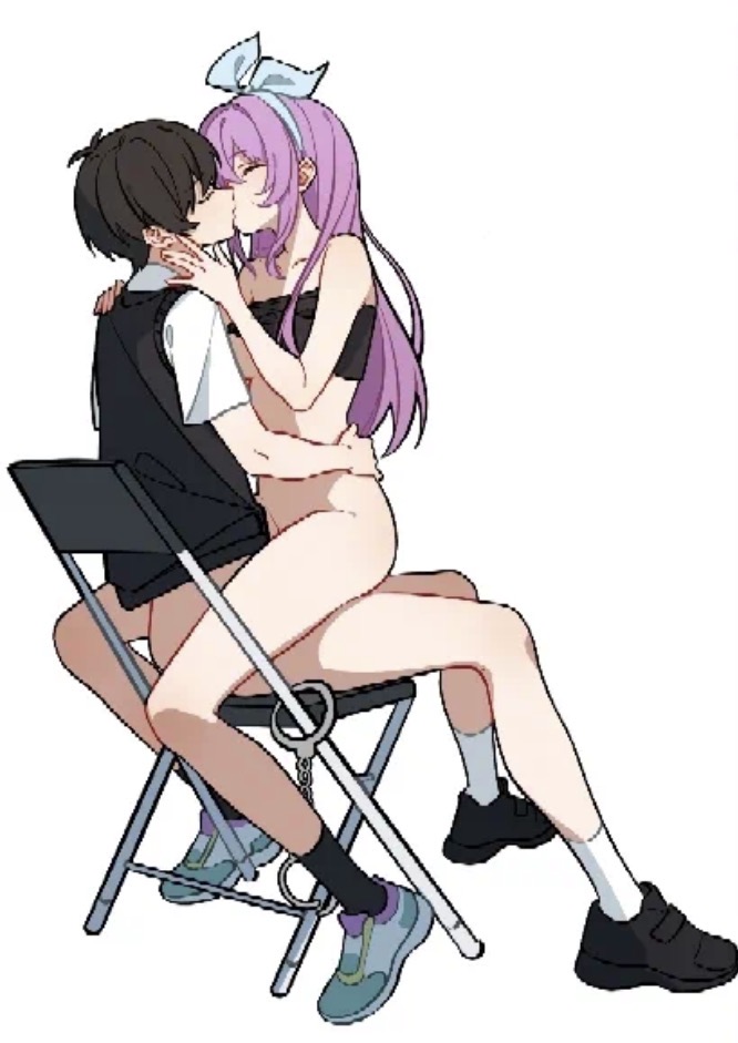 1boy, 1girls, anonymous artist, aubrey (omori), chair, chair position, half-dressed, handcuffs, kissing, long hair, omori, pants down, pink hair, sex, shirt up, skirt, skirt down, sunny (omori), ze yi8473