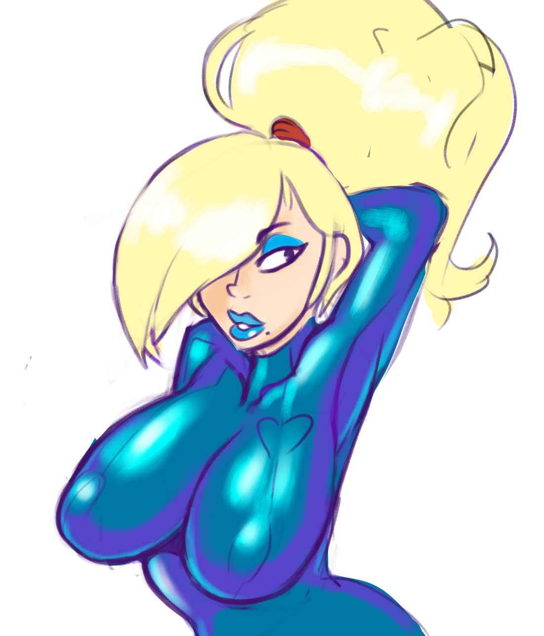 1girls, arms above head, bimbofication, blonde hair, blue lipstick, bodysuit, breast expansion, clothed, combos-n-doodles, eyeshadow, female, female only, fully clothed, hair covering one eye, large breasts, lipstick, long hair, makeup, metroid (series), mole, nintendo, ponytail, posing, samus aran, shiny clothes, simple background, tight clothing, white background, zero suit