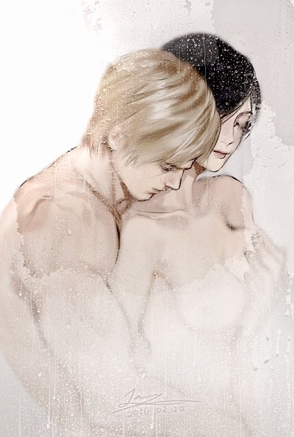 1boy, 1girls, 2d, 2d (artwork), ada wong, ada wong (adriana), biohazard, black hair, blonde hair, breasts, capcom, closed eyes, collarbone, completely nude, couple, couple (romantic), dated, drawing, duo, erotic, female, groping, hug, hug from behind, hugging, human, human on human, human only, intimate, kissing, kissing neck, leon scott kennedy, love, male, male/female, medium breasts, nude, pixie cut, resident evil, romantic, romantic couple, sensual, shared bathing, short hair, shower, showering, signature, straight, toned, toned male, twitter, upper body, video game character, video games, wet