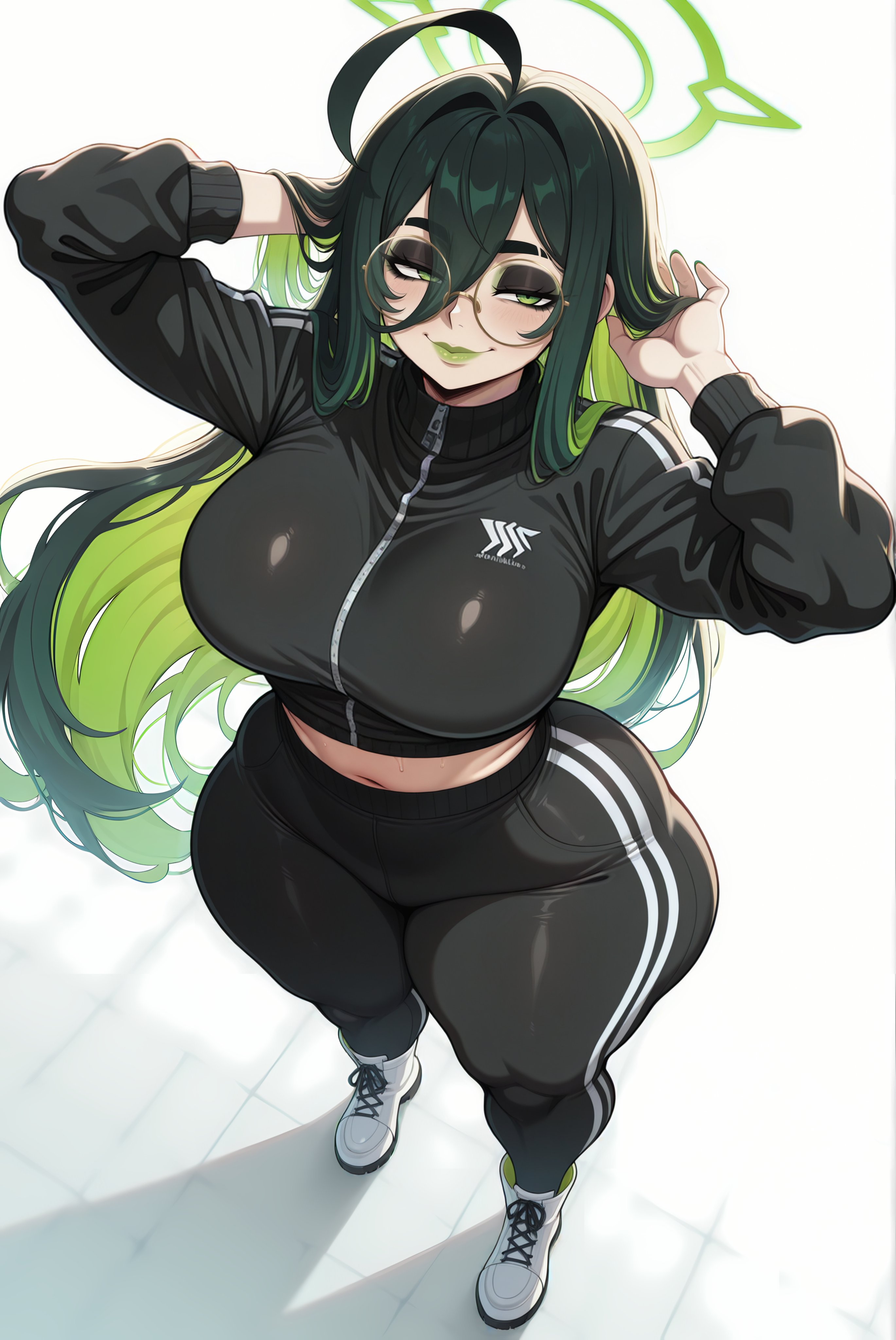 1girls, 2025, ai generated, big breasts, black and green hair, blush, child bearing hips, el memc, female, female only, glasses, goth, goth girl, green eyes, gym clothes, gym uniform, halo, horny, horny female, huge breasts, hyper breasts, imminent sex, looking at viewer, looking pleasured, looking up, memch0, mia (memch0), oc, original, original character, posing, posing for the viewer, thick thighs, thunder thighs, tight clothing, yoga pants