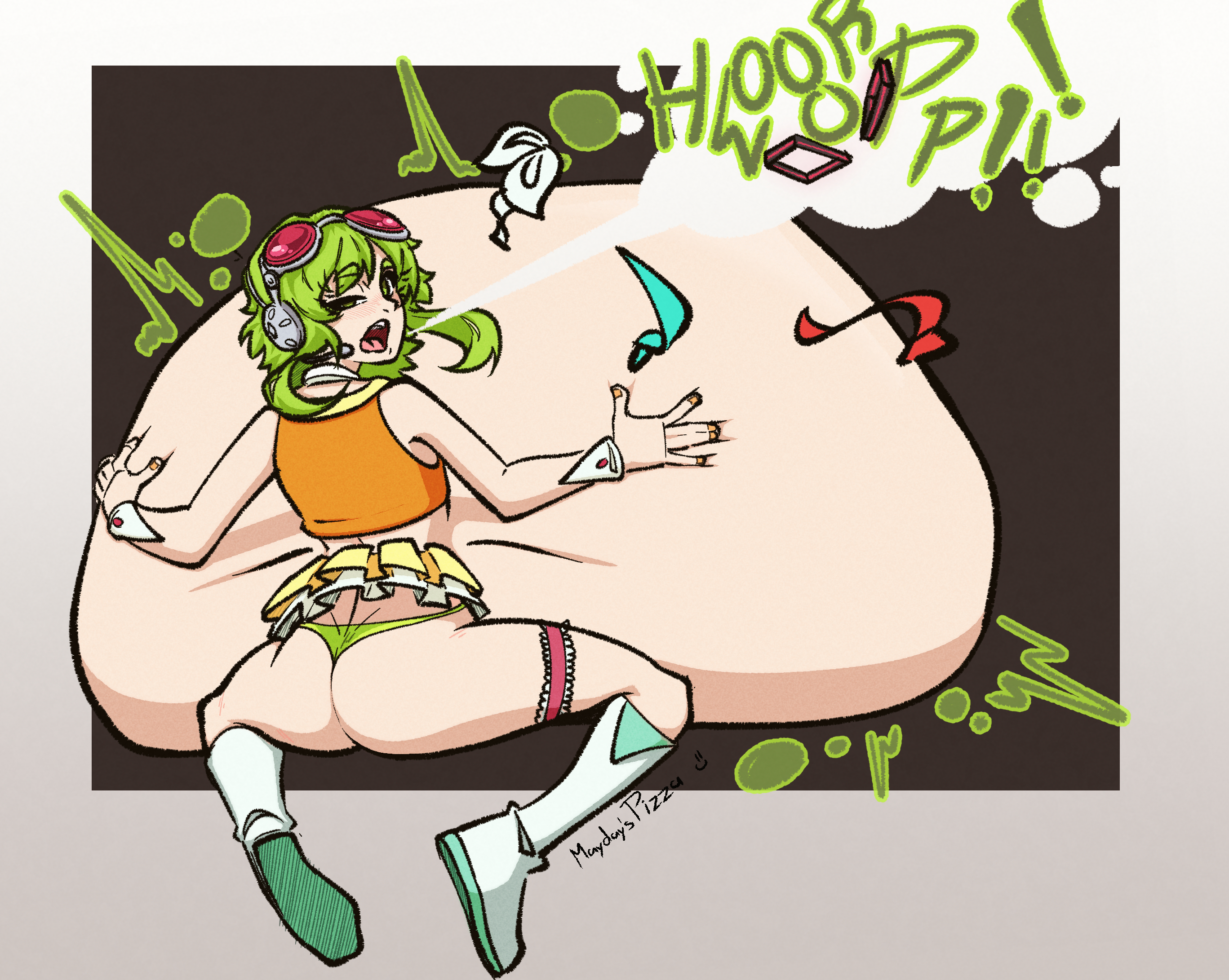 1girl, ass, boots, burp, burping, burping up clothes, digested, digested prey, digestion, digestion noises, english text, from behind, goggles, goggles on head, green eyes, green hair, green panties, gumi, hatsune miku, headphones, headset, kagamine rin, kasane teto, knee boots, looking back, maydayspizza, microskirt, open mouth, panties, red-tinted eyewear, same size vore, short hair, short hair with long locks, skirt, sleeveless, soft vore, solo, thong, tinted eyewear, underwear, unwilling, unwilling prey, unwilling vore, utau, vocaloid, vore, vore belly, wrist cuffs