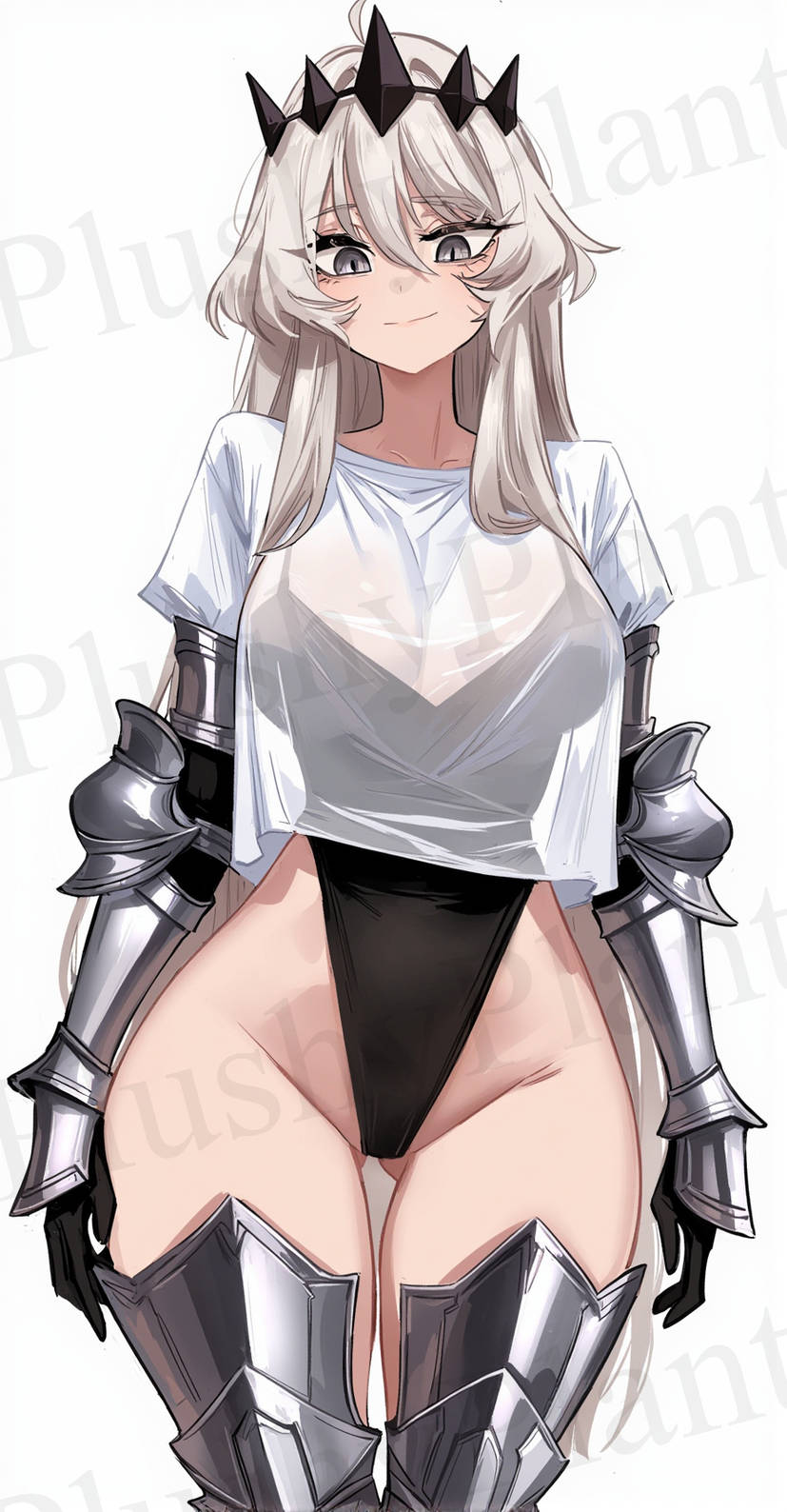 ai generated, armor, corset, crown, female, nephis (shadow slave), only female, plushyplant, shadow slave, silver eyes, silver hair, smile, sole female, translucent, white shirt