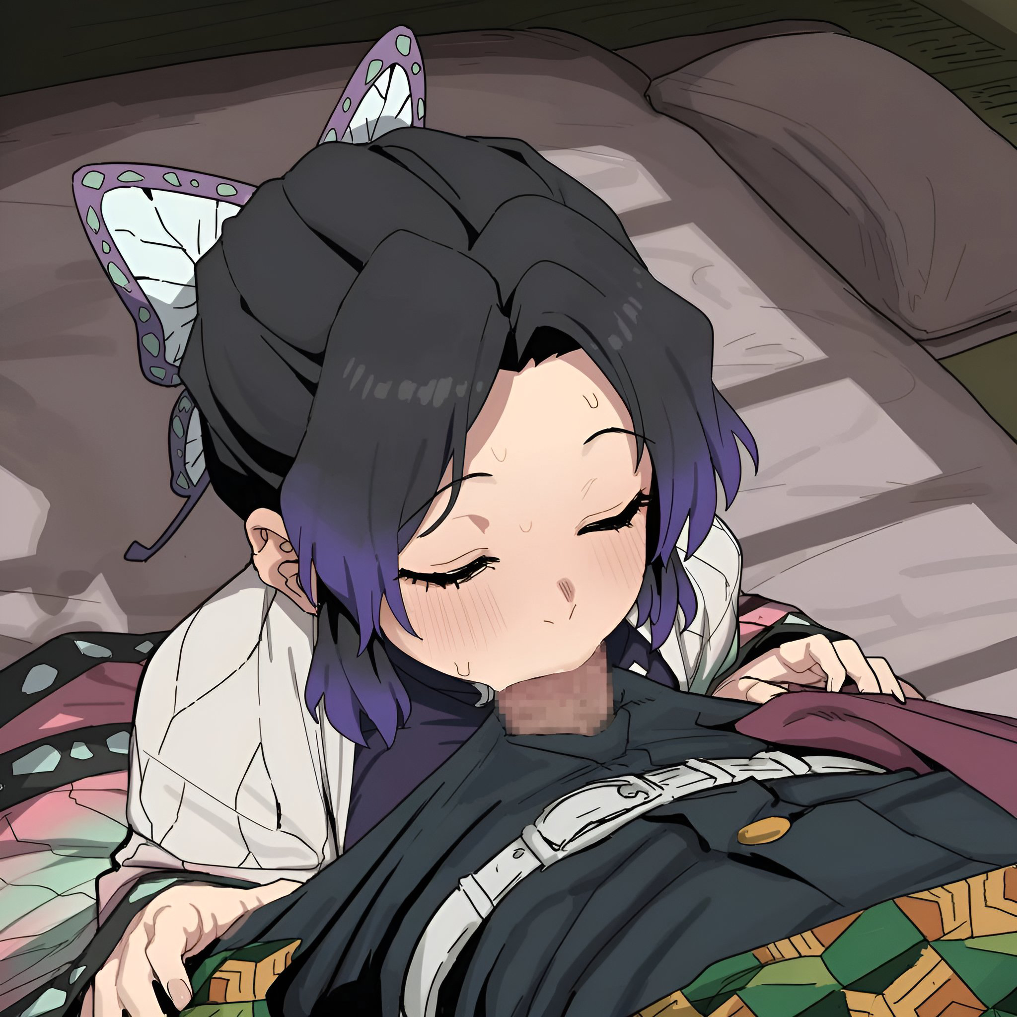 1boy, 1boy1girl, ai generated, bedroom, big penis, black hair, blowjob, blowjob face, blowjob only, blush, blush lines, butterfly hair ornament, closed eyes, clothed male, clothing, couple, couple sex, demon slayer, fellatio, fellatio face, female, female focus, hetero sex, heterosexual, heterosexual sex, holding waist, horny, kimetsu no yaiba, kochou shinobu, male, male/female, noname99999991, oral, oral sex, pleasured, savoring dick, straight, straight sex, sucking, sucking penis, tomioka giyuu