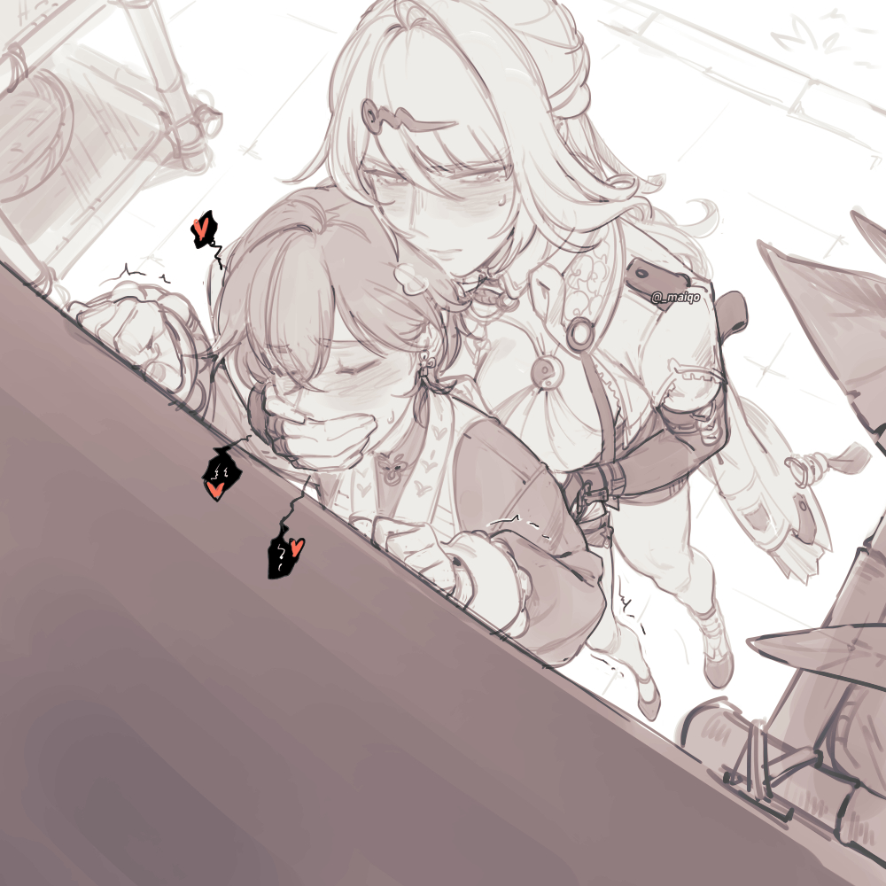 2girls, against wall, belle (delicate sunlight) (zenless zone zero), belle (zenless zone zero), blush, blushing, closed eyes, clothed, clothing, covering another's mouth, fully clothed, hand on hip, hand over another's mouth, heart, implied futa, implied sex, maiqo, moaning, muffled moaning, official alternate costume, tagme, tremble lines, tremble spikes, trembling, yixuan (zenless zone zero), yuri, zenless zone zero