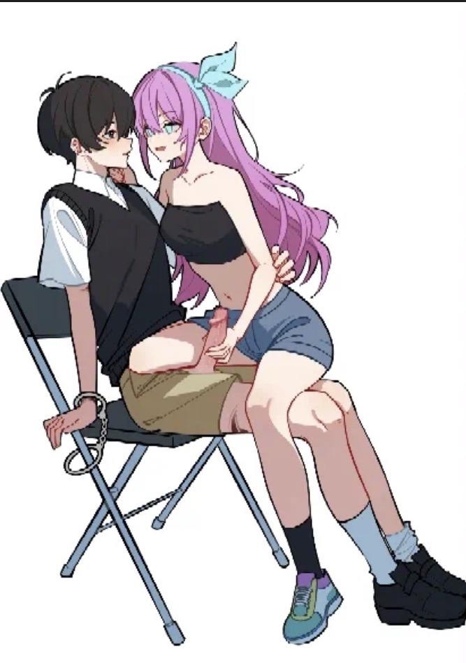 1boy, 1girls, anonymous artist, aubrey (omori), chair, half-dressed, handcuffs, handjob, long hair, omori, pink hair, skirt, sunny (omori), ze yi8473