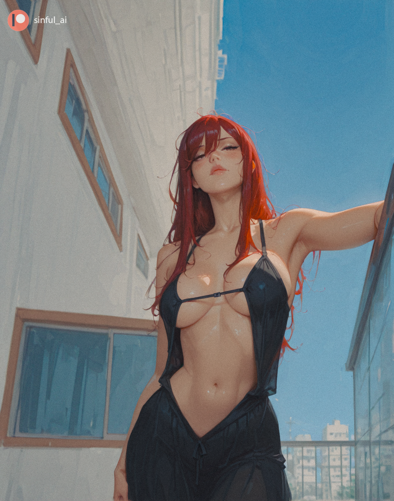00001-98294109, ai generated, aisinful, armpits, ass, big ass, big breasts, big butt, blush, breasts, building, erza scarlet, fairy tail, female, female only, hi res, large breasts, long hair, medium breasts, navel, pool, realistic, red hair, solo, swimsuit, thick thighs, wide hips