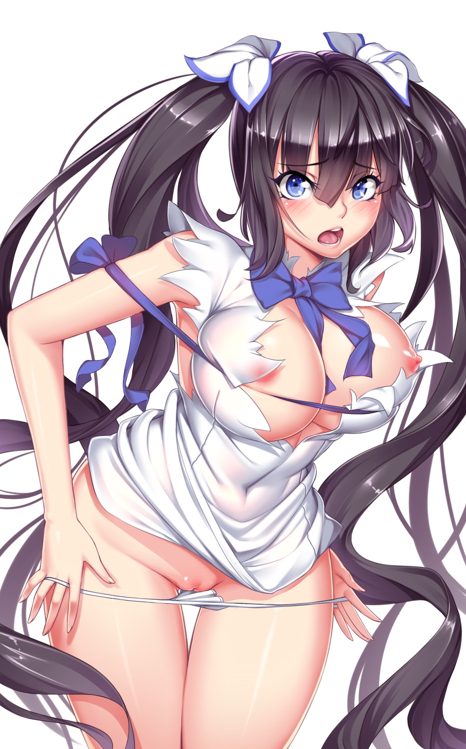 black_hair blue_eyes blush breasts dress dungeon_ni_deai_wo_motomeru_no_wa_machigatteiru_darou_ka erect_nipples female hestia_(danmachi) large_breasts long_hair lucknight nipples panties pussy rei_no_himo simple_background solo thigh_gap tied_hair twintails uncensored underwear very_long_hair