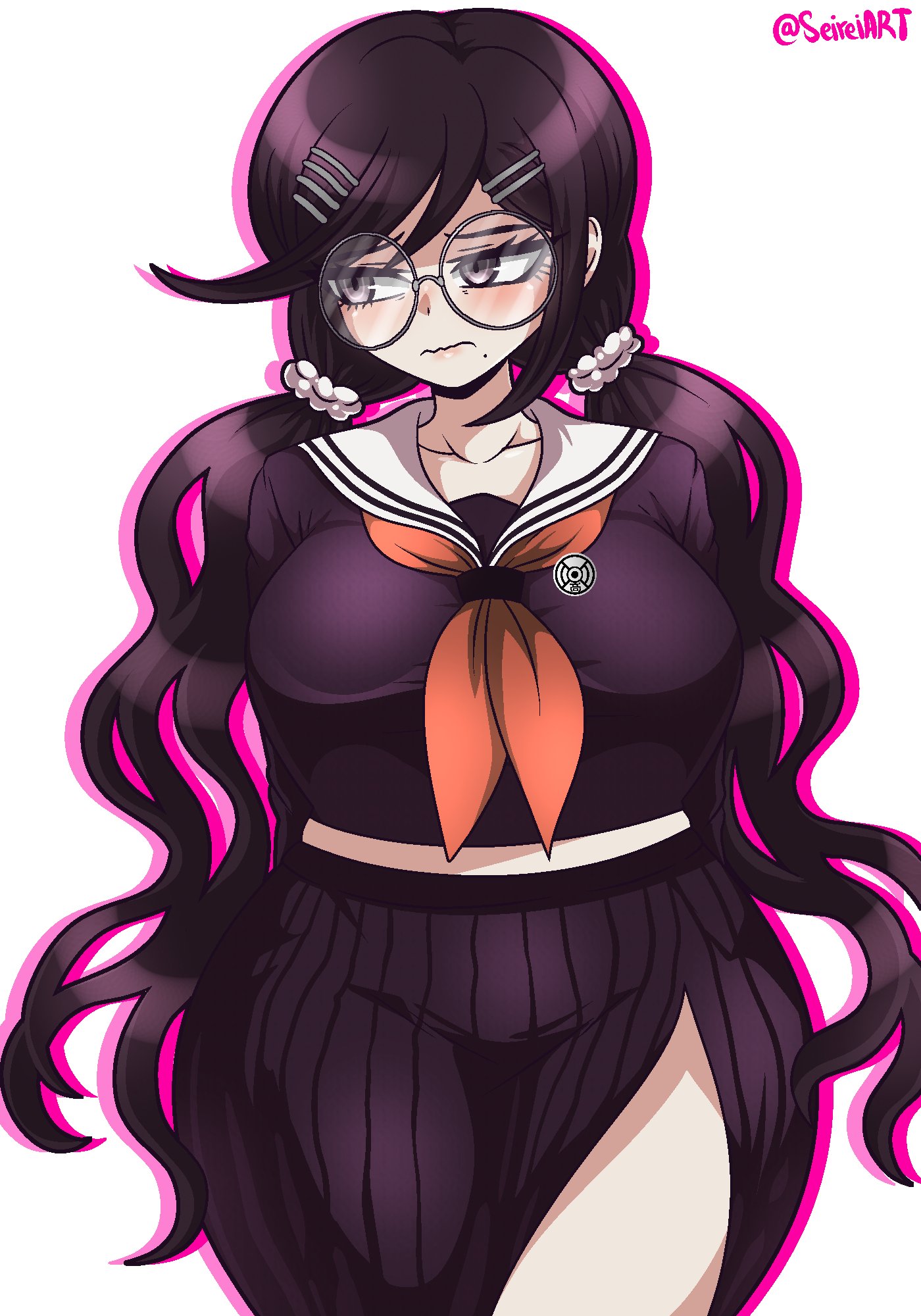 1girls, bare thighs, black eyes, blush, braid, braided hair, breasts, cleavage, clothing, danganronpa, danganronpa: trigger happy havoc, displeased, female, frown, fukawa touko, glasses, jimiko, large breasts, light skin, light-skinned female, long hair, looking at viewer, purple hair, round glasses, sailor uniform, seireiart, serafuku, smooth skin, solo, solo female, solo female focus, thick thighs, thighs, twin braids