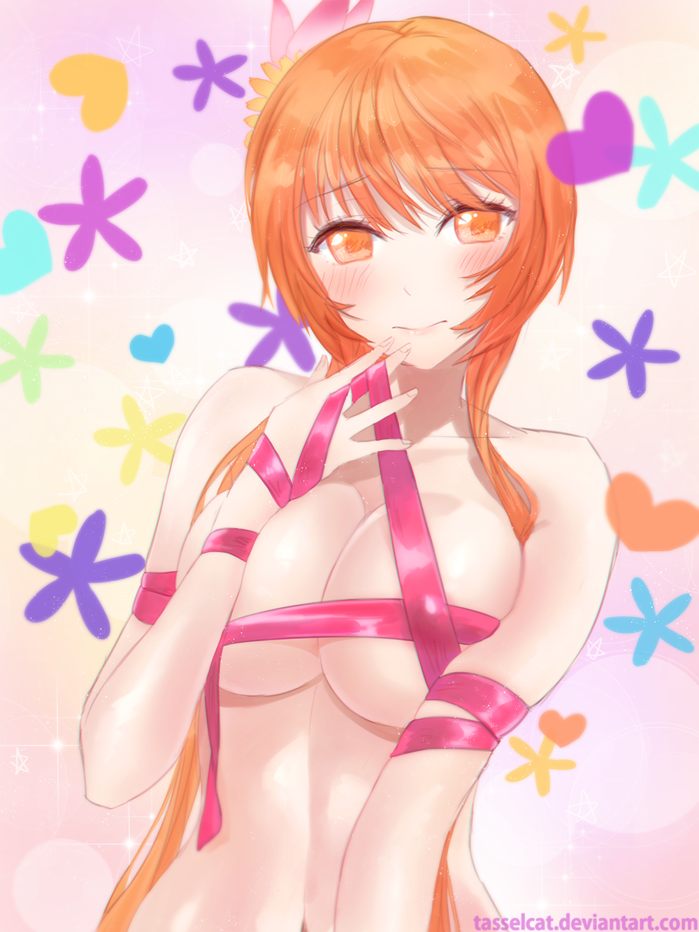 blush breasts female long_hair naked_ribbon navel nisekoi nude orange_eyes orange_hair ribbon solo tachibana_marika tasselcat tied_hair twintails