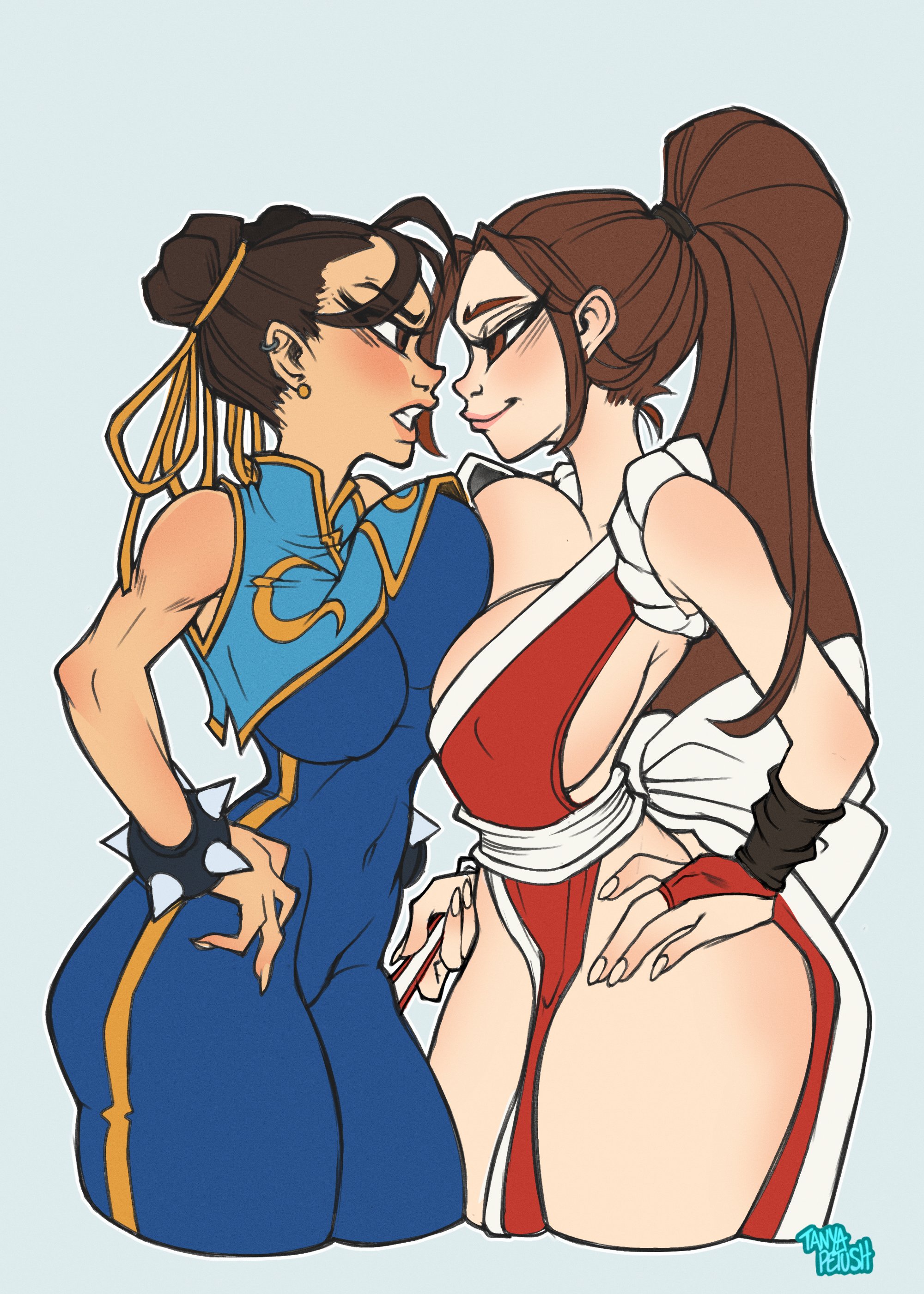 2girls, big breasts, capcom, chun-li, death battle, fatal fury, female, king of fighters, mai shiranui, petushart, snk, street fighter