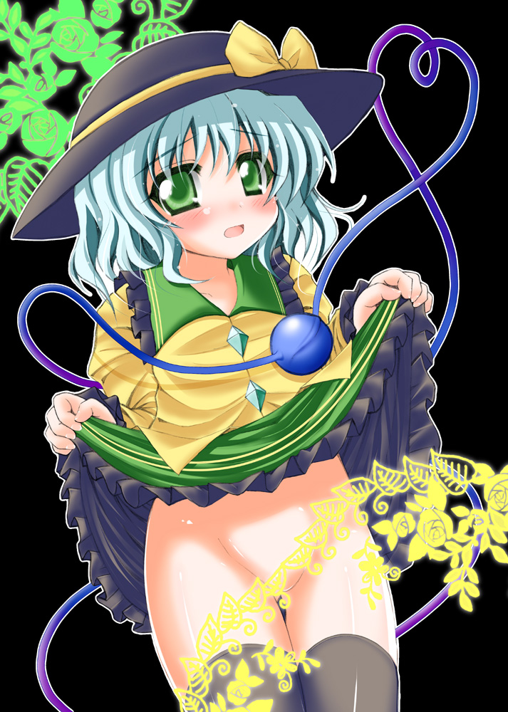 1girls black_legwear flower green_eyes green_rose hat koishi_komeiji miwatari_renge no_panties rose silver_hair skirt skirt_lift solo thighhighs touhou yellow_rose