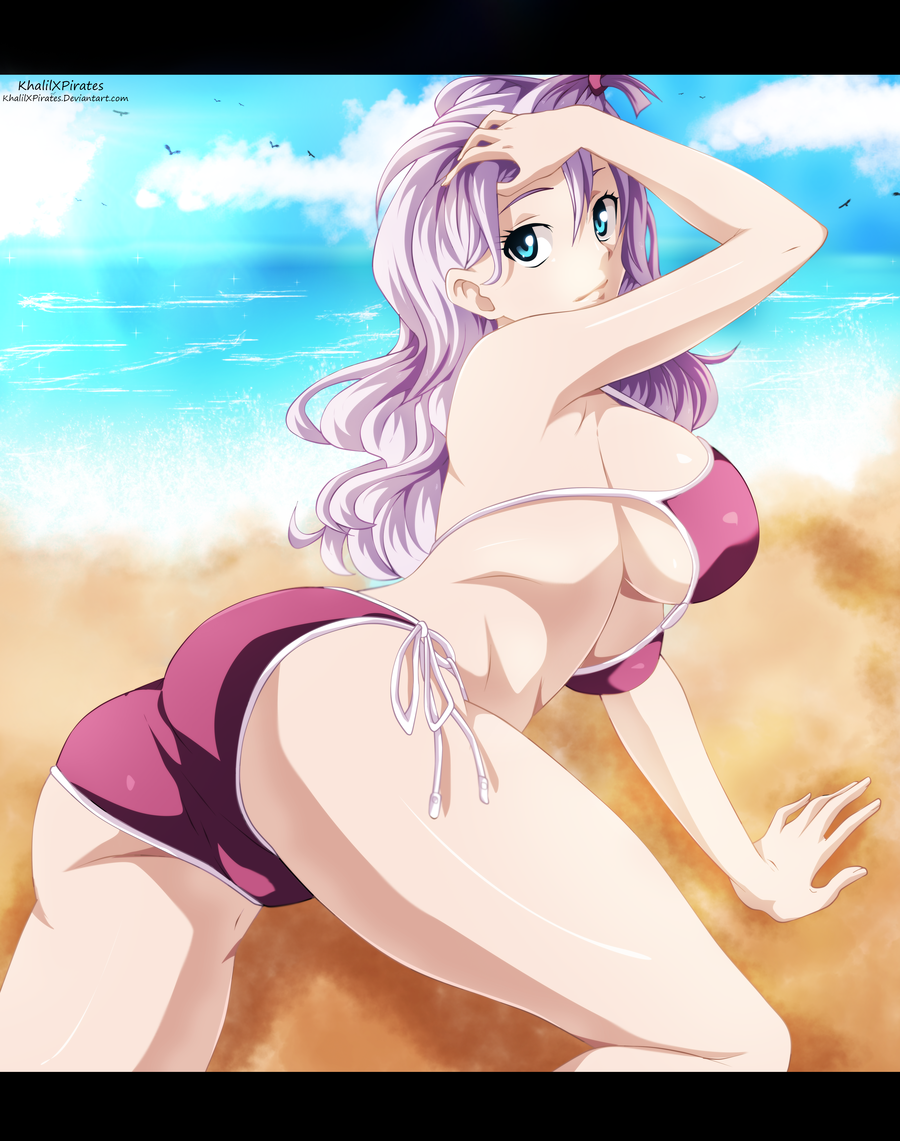 1girls, bikini, blue eyes, fairy tail, female, khalilxpirates, mirajane strauss, presenting, solo, white hair, white-haired female