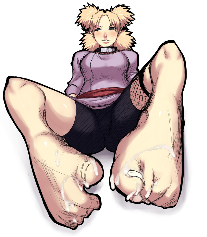 barefoot, blonde hair, blue eyes, cum, cum between toes, cum on body, cum on feet, cum on lower body, feet, female, female only, foot fetish, human, naruto, naruto (classic), naruto (series), pov feet, quad tails, sawao, solo, temari, toes