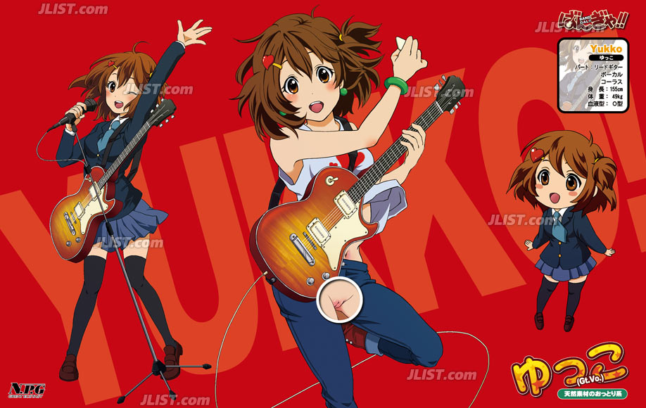 1girls bracelet brown_eyes brown_hair earrings electric_guitar english_text female female_only guitar guitar_pick hair_ornament heart human japanese_text jeans k-on! looking_at_viewer microphone microphone_stand miniskirt navel open_mouth pussy school_uniform stockings watermark wink yui_hirasawa_(k-on!)