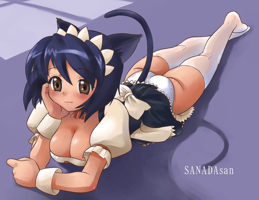 1girls animal_ears apron ass blue_hair blush bob_cut breasts brown_eyes cat_ears cat_tail chin_rest choker cute_fang female kneepits large_breasts lying maid maid_headdress no_bra on_floor on_stomach panties pantyshot pantyshot_(lying) sanada shadow short_hair skirt skirt_lift smile solo tail thighhighs ufo_princess_valkyrie ufo_ultramaiden_valkyrie underwear white_legwear white_panties white_thighhighs wrist_cuffs