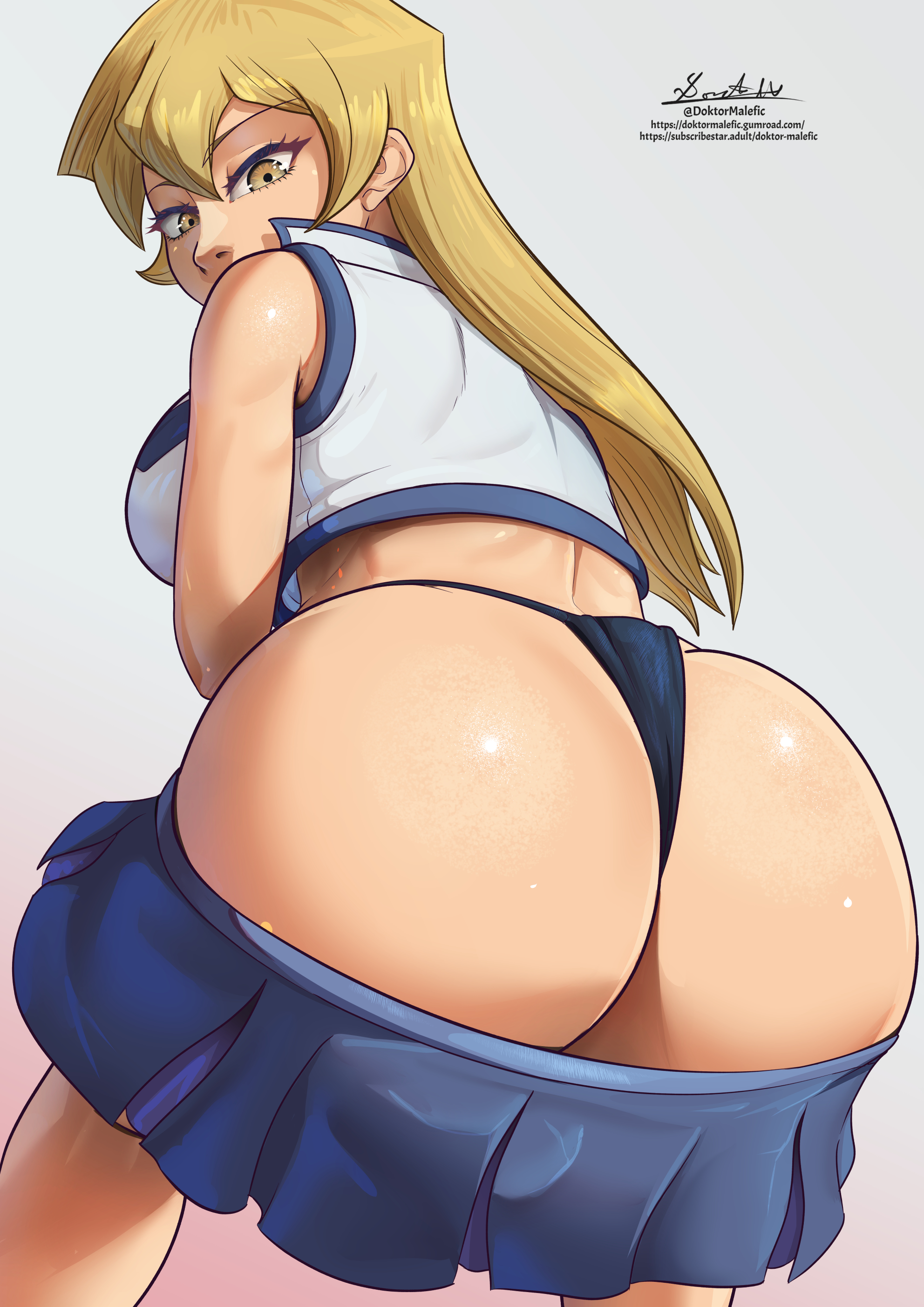 alexis rhodes, ass, big ass, big breasts, big butt, blonde hair, breasts, color, colored, doktor malefic, duel academy uniform (yu-gi-oh! gx), female, long hair, looking at viewer, looking back, obelisk blue uniform, sleeveless, sleeveless shirt, thick, thick ass, thick thighs, thighs, yellow eyes, yu-gi-oh!, yu-gi-oh! gx