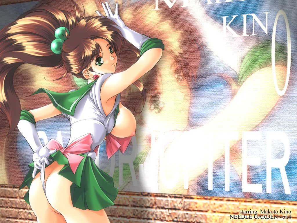 1girls 90s armpits ass bishoujo_senshi_sailor_moon breasts brown_hair cleavage detached_sleeves earrings female female_only green_eyes hair_bobbles human jewelry kantori large_breasts makoto_kino panty_pull ponytail sailor_jupiter small_waist smile smooth_skin solo tied_hair