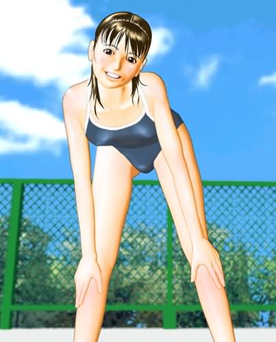 1girls bending bent_over breasts brown_hair female fence flat_chest hands_on_knees ishikura_syouji lowres one-piece_swimsuit sky small_breasts solo swimsuit