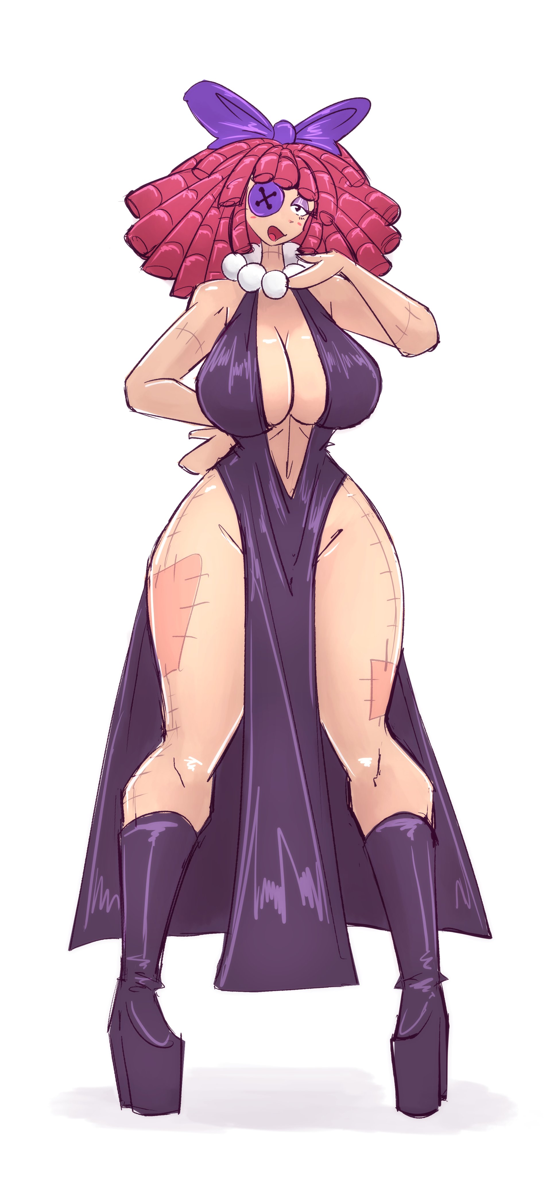 1girls, big breasts, bow, button eye, doll, dress, female, female focus, female only, full body, fully clothed, hairbow, high heels, looking at viewer, mokkoyu, pearl necklace, platform heels, ragatha (pub outfit), ragatha (tadc), ragatha (the amazing digital circus), ragdoll, red hair, solo, solo female, solo focus, the amazing digital circus, thick thighs