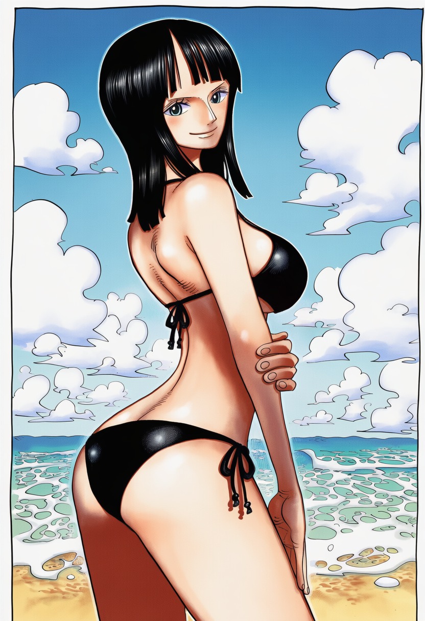 1girls, accurate art style, ai generated, beach, beach background, big breasts, bikini, bikini bottom, bikini top, black bikini, black hair, black-haired female, blue eyes, clouds, female, female only, highres, hourglass figure, leather bikini, long hair, looking at viewer, manga style, median furrow, nico robin, ocean, one piece, outside, posing, two piece swimsuit, white frame